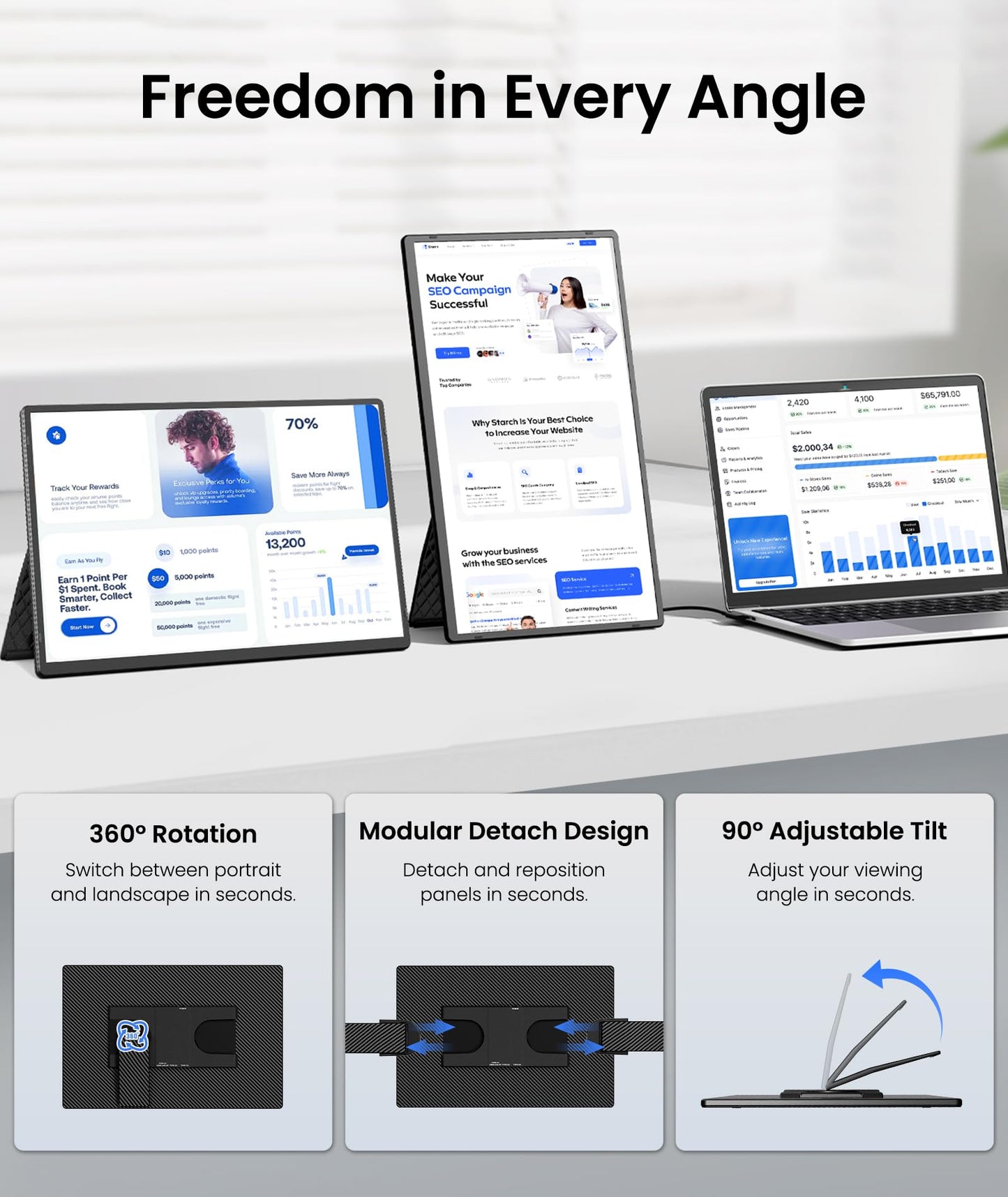 Orfibz Portable Monitor, 16" 1200P FHD Laptop Screen Extender, Detachable Horizontal/Vertical Monitor, Plug & Play Dual Travel Monitor Build-in Speaker for Laptop/Mac/Windows