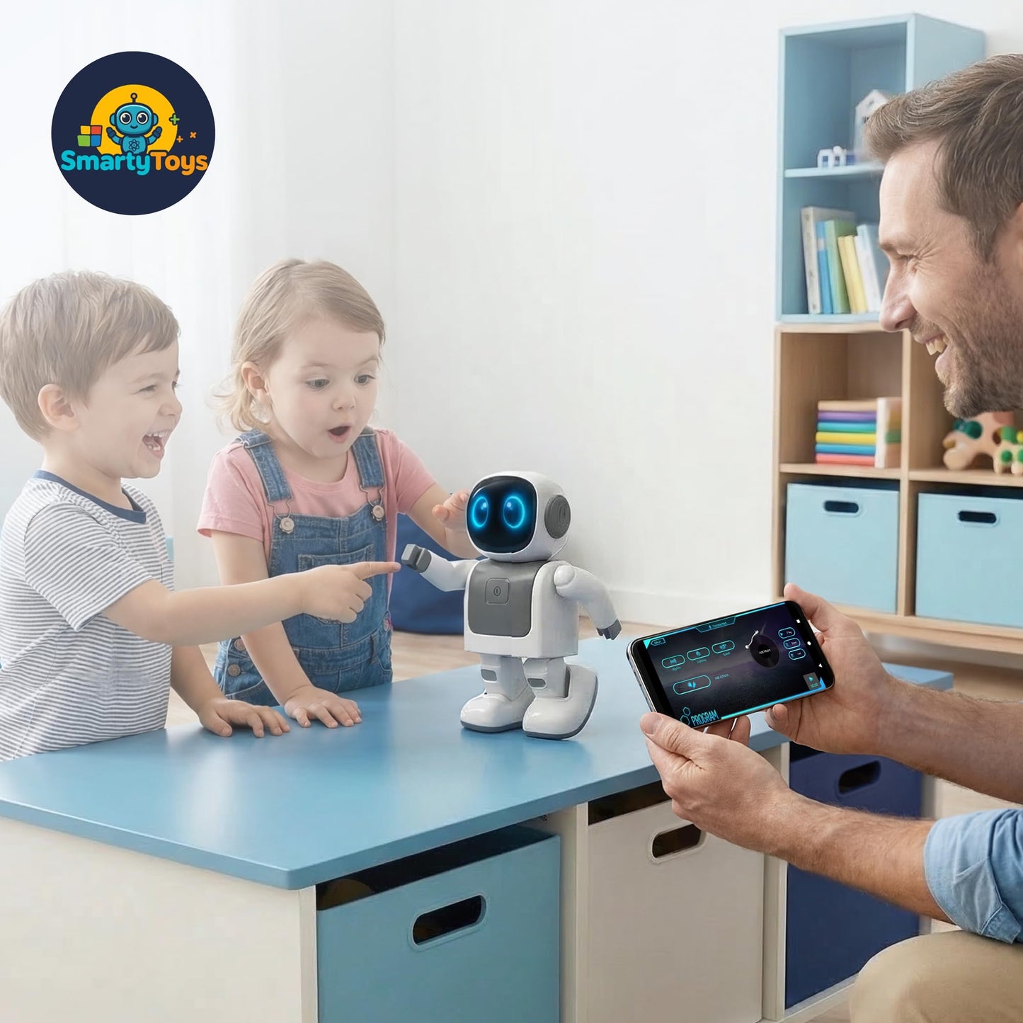 SmartyBot Smart Robot Toy for Kids - Interactive Remote Control Robot with App, Programmable Moves, 7 Customizable LED Eye Colors, Reacts to Music, STEM Learning Toy for Boys & Girls Ages 4 5 6 7 8 9