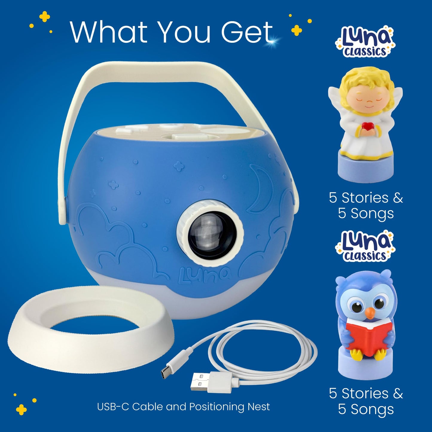 Luna StoryTime Kids Book Projector – 6 Bible & 5 Classic Read-Aloud Stories, 10 Songs & Night Light & Soothing Dream Music | Children Ages 3+ Storytime Projector for Kids & Toddler | Toys, Owl & Angel