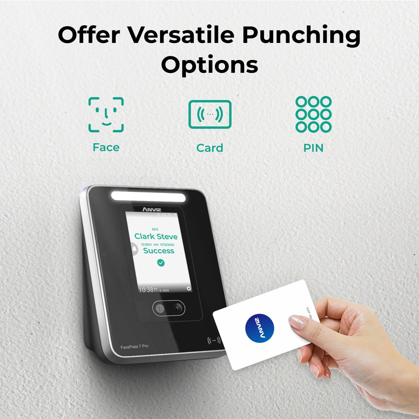 ANVIZ Time Clocks for Employees Small Business - Forever Free Cloud Software - FacePass 7 Pro Biometric Clock in and Out Machine - Support Door Access - Face + RFID + Pin Punching, FacePass 7 Pro