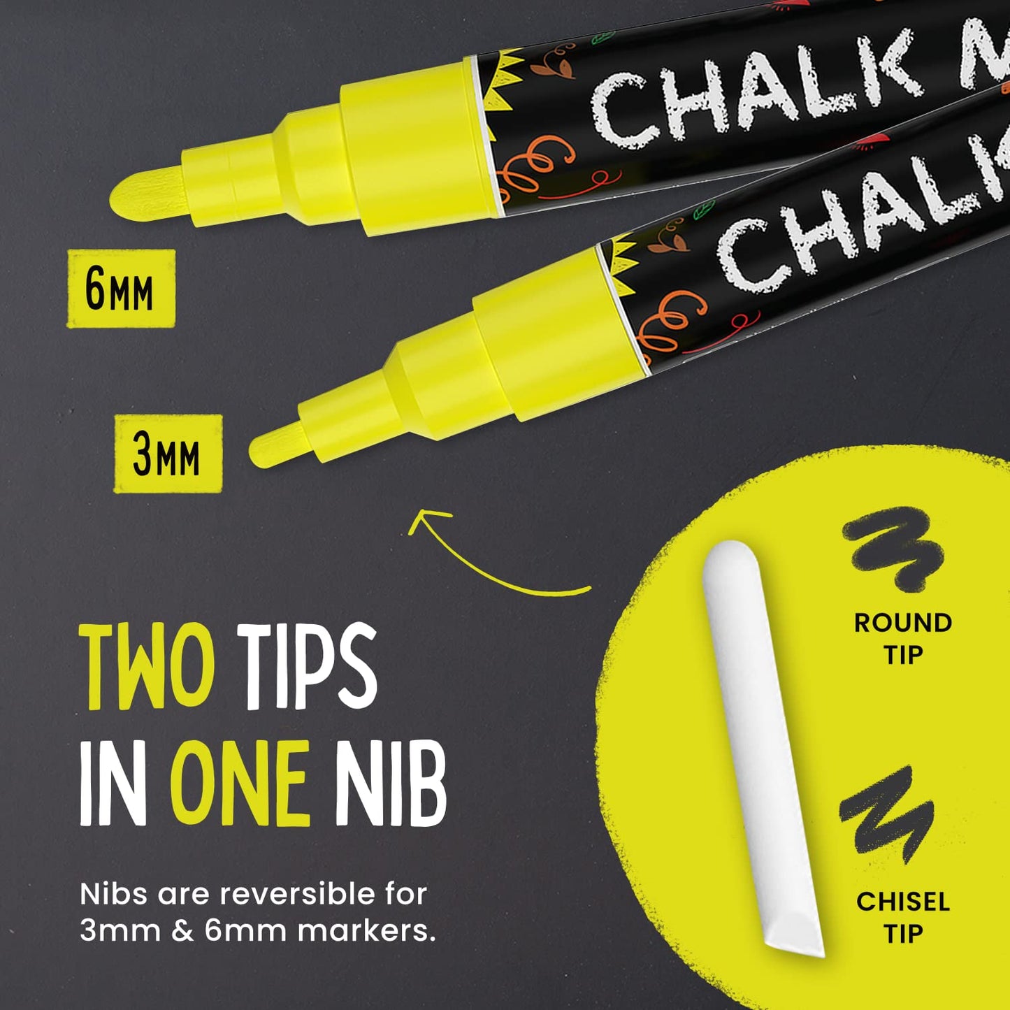 5 Yellow Chalkboard Chalk Markers - Yellow Dry Erase Markers for Blackboard, Chalkboard Signs, Windows, Glass | Variety Pack - Fine & Jumbo Size Ink Pen (1mm, 3mm, 6mm, 10mm, 15mm)