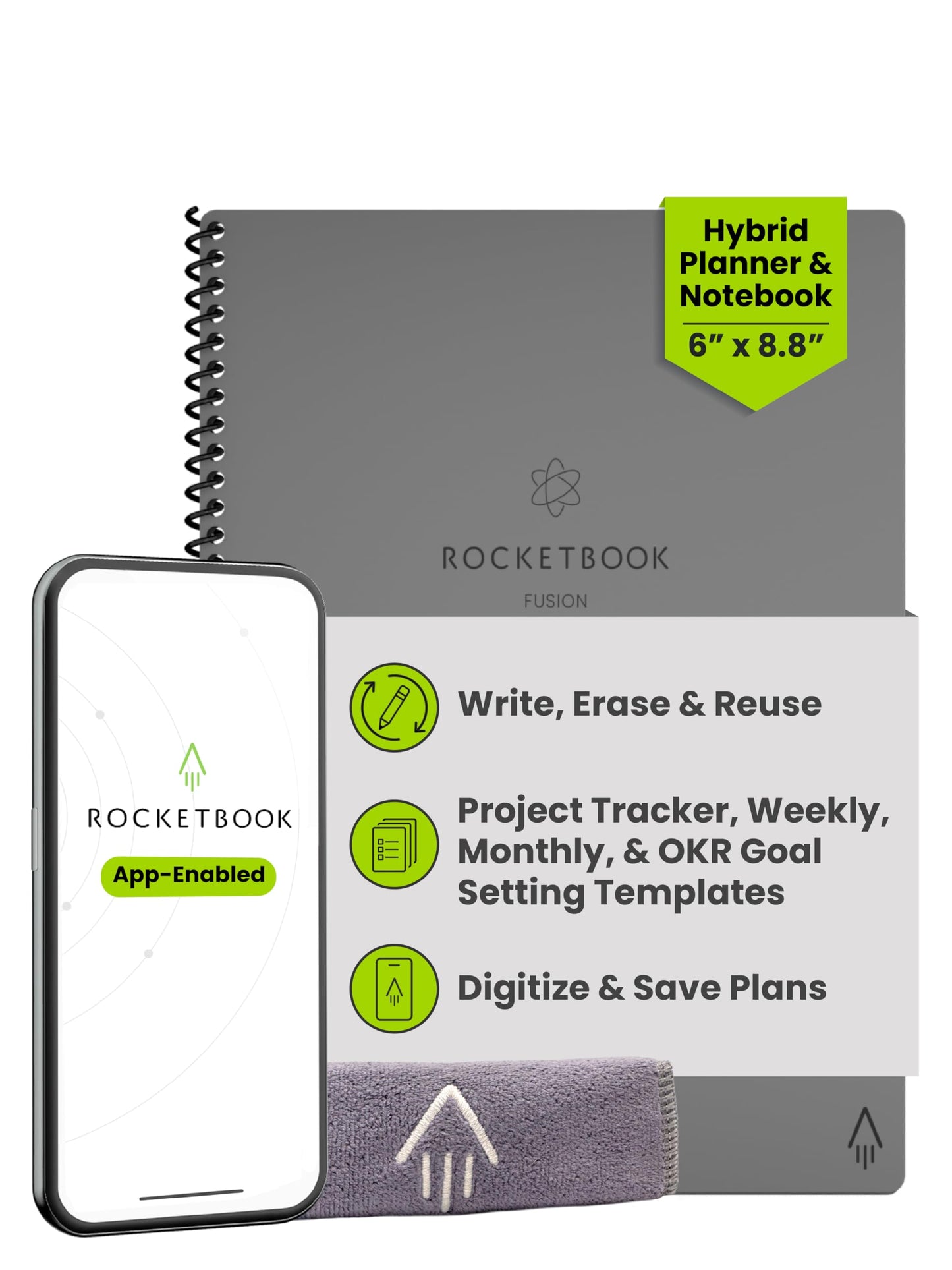 Rocketbook Fusion Hybrid Reusable Planner and Notebook in One, Additional Blank Pages, Goal and Project Tracker, Undated Planner, Executive Size 6x8.8, Grey (Pack of 1)