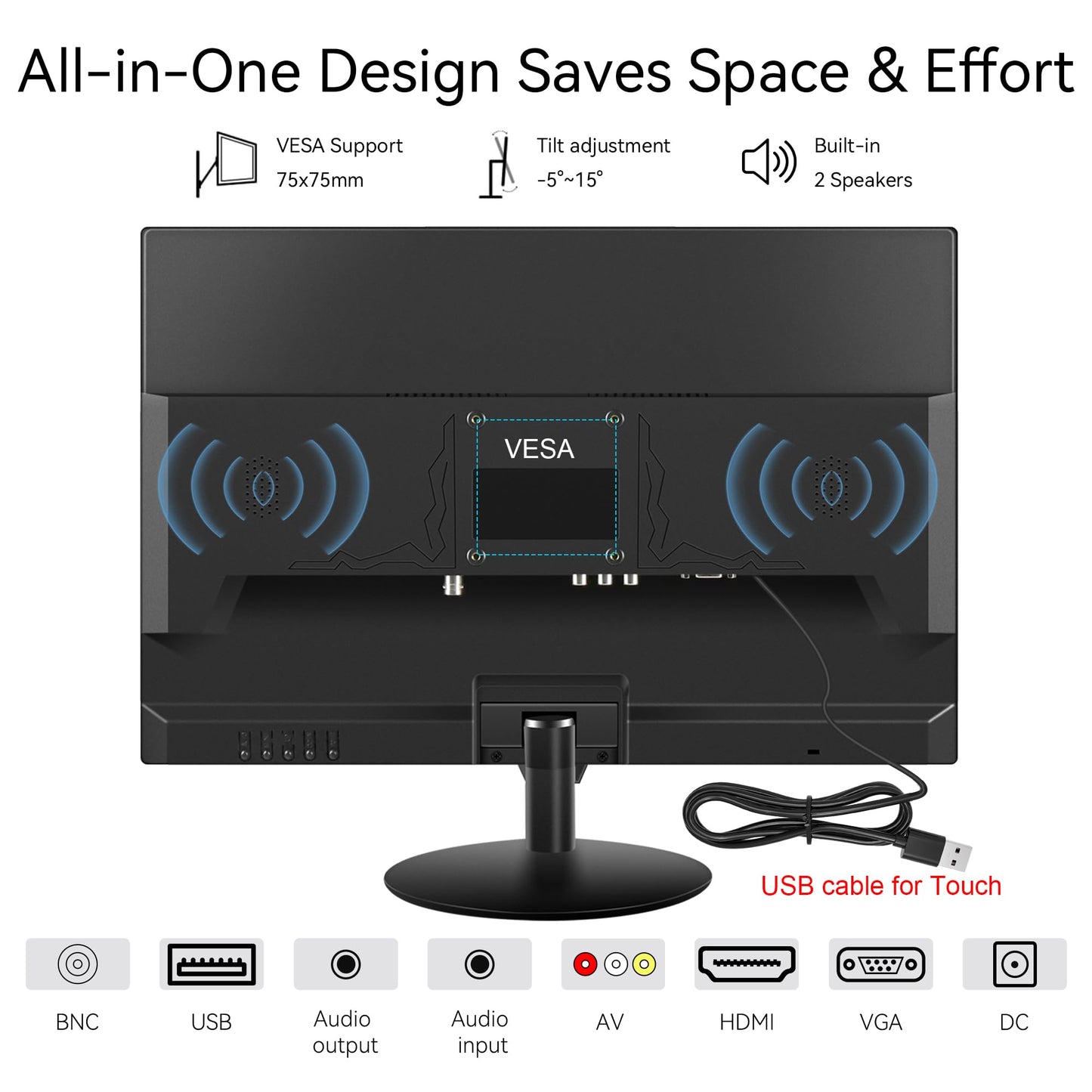 Thinlerain Touchscreen Monitor 19 Inch, 10-Point Multi Touch Screen Monitor 1440×900 HD Display with HDMI VGA AV BNC USB Ports, VESA, Build-in Speakers for POS, Office, and Industrial Use
