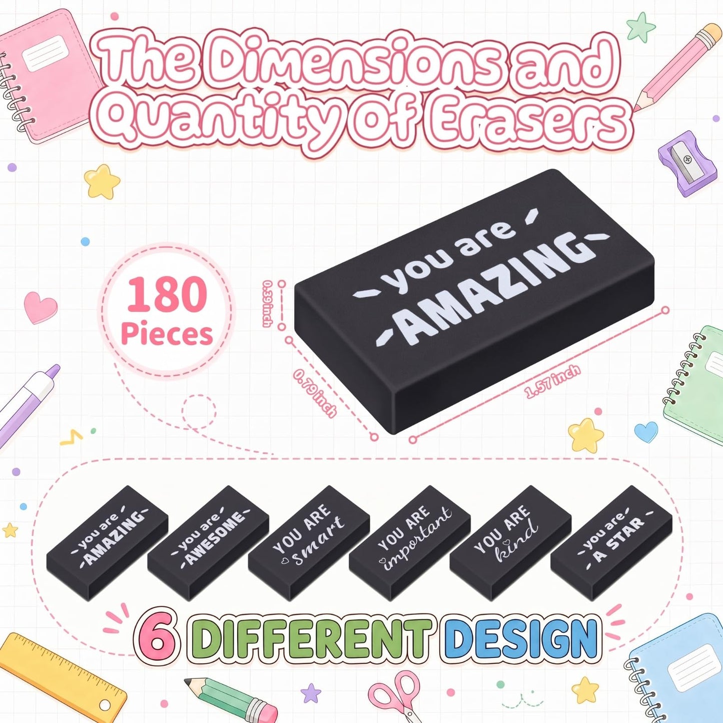 Resurhang 180 Pcs Erasers Bulk for Kids Inspirational Pencil Erasers Bulk for Drawing Motivational Big Eraser School Supplies for Classrooms Back to School Office (Motivational,Black)