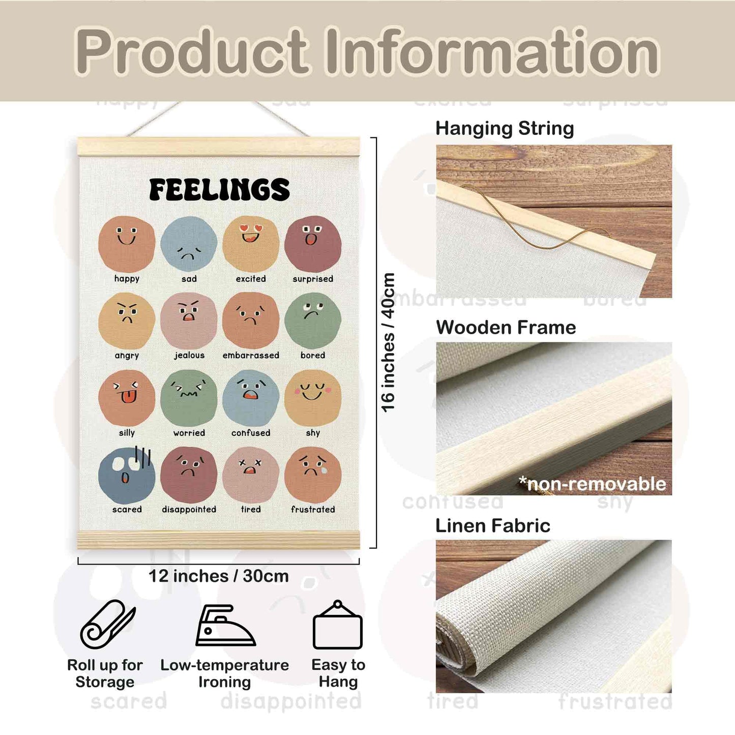 TLESKE Boho Classroom Feelings Emotions Chart Poster Hanger Frame for Toddlers Kids, Homeschool Hanging Wall Art Room Decor for Nursery Playroom, Preschool Prek Learning Educational Poster, 12x16