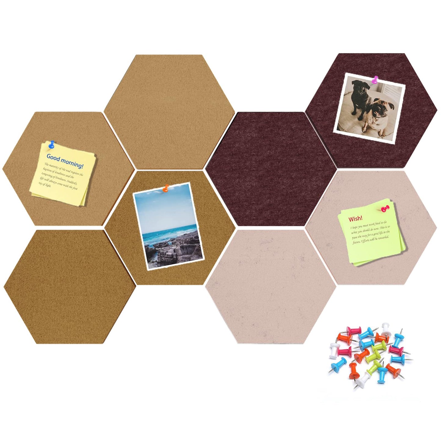Uoisaiko 8 Pack Hexagon Felt Bulletin Board Tiles - 12" Large Thick Pin Board for Walls with 30 Push Pins, DIY Boards for Office Home School Decor, Aesthetic Hex Cork Board Alternative