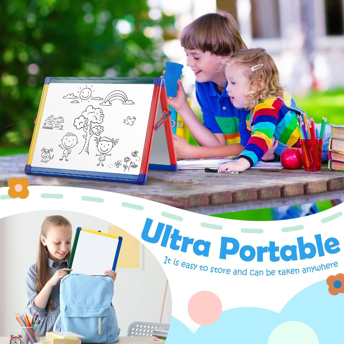 SWANCROWN Portable Dry Erase White Board for Kids, 16x12 inch Toddler Boy Girl Toys Magnetic Table top Whiteboard Small Double Sided Art Easel with 82Pcs Letter Magnets Magnetic Foldable Board