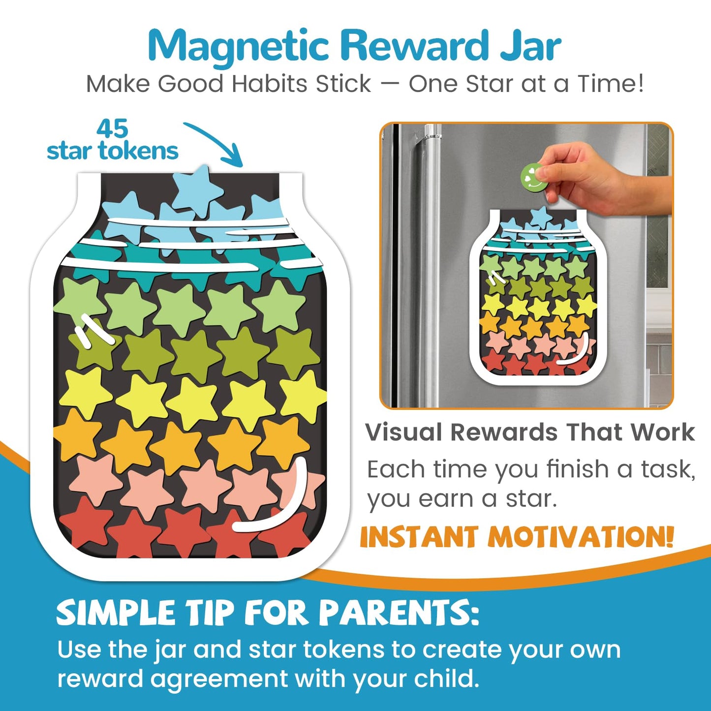 JJPRO Magnetic Reward Chart for Kids with Reward Jar- Behavior Reward Chart System, Toddlers Daily Routine,Weekly Chore Chart,96 Reusable Stickers& 45 Star Tokens to Motivate Responsibility-Blue