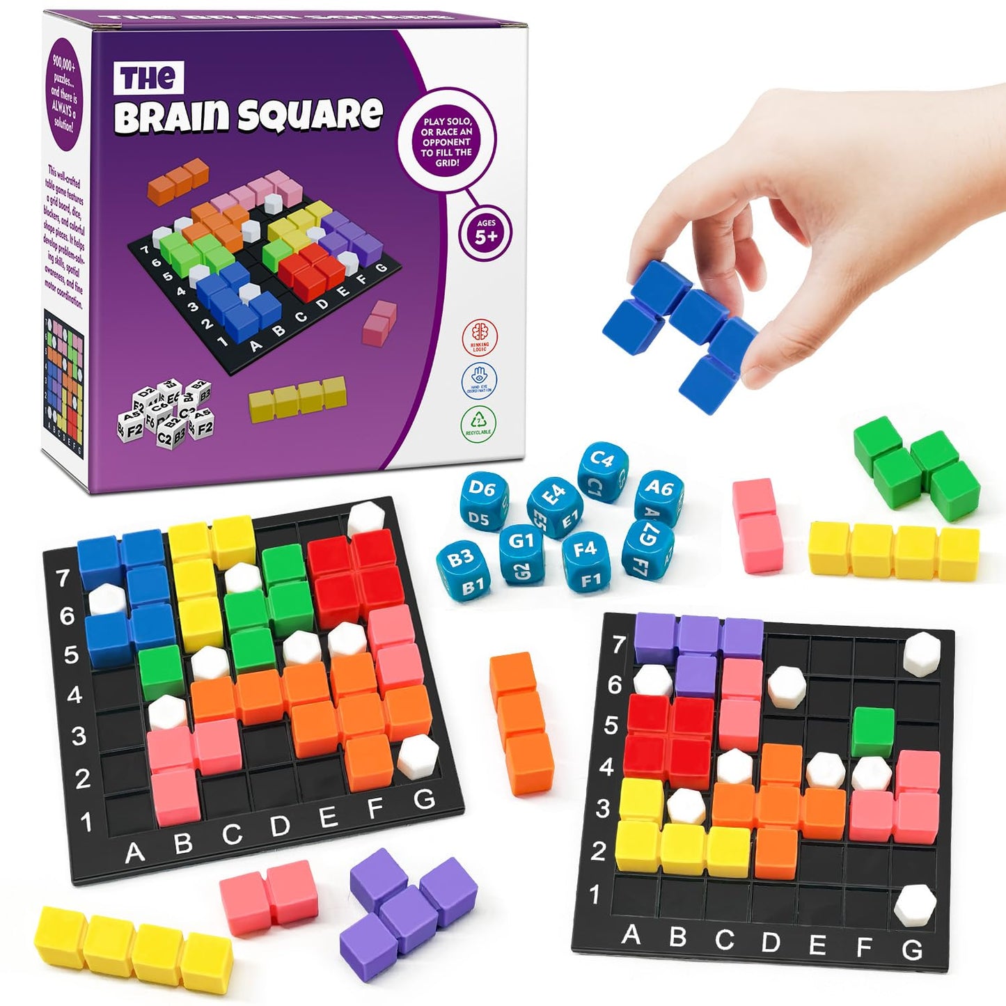STEM Puzzle Game The Brain Square 2.0 with 10,000,000+ Solutions Pattern Matching Blocks Brain Teaser Toy Roll Dice & Race Your Opponent to Fill Grid for Kids 5+ Back to School Birthday Gift(Hard)