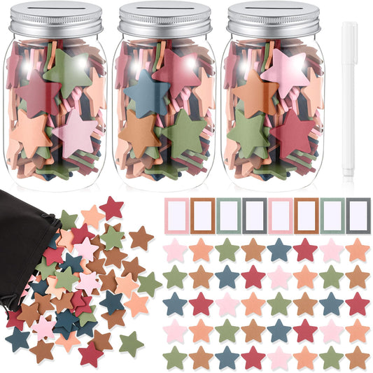 Roowest Star Reward Jar for Kid 3 Pcs Coin Jars for Behavior Tokens 200 Stars 8 Name Tags Classroom Reward System for Kids Back to School Incentive Good Behavior Training(Morandi Color,Classic Style)