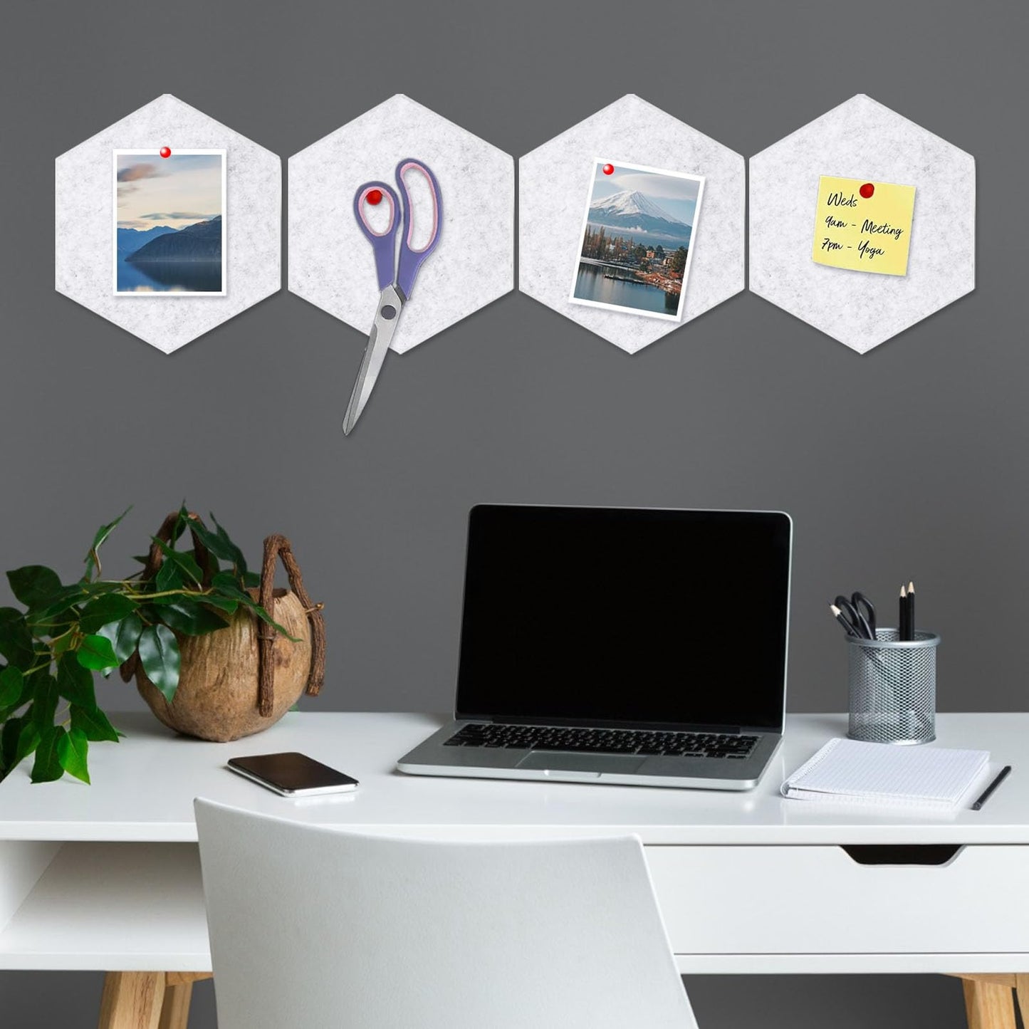 8 Packs Silver Grey Hexagon Felt Pin Board, 12" Bulletin Board with 30 Push Pins, Felt Board for Home Kitchen Office Decor, Self-Adhesive Corkboard Tiles for Walls Message Photos Memos Display