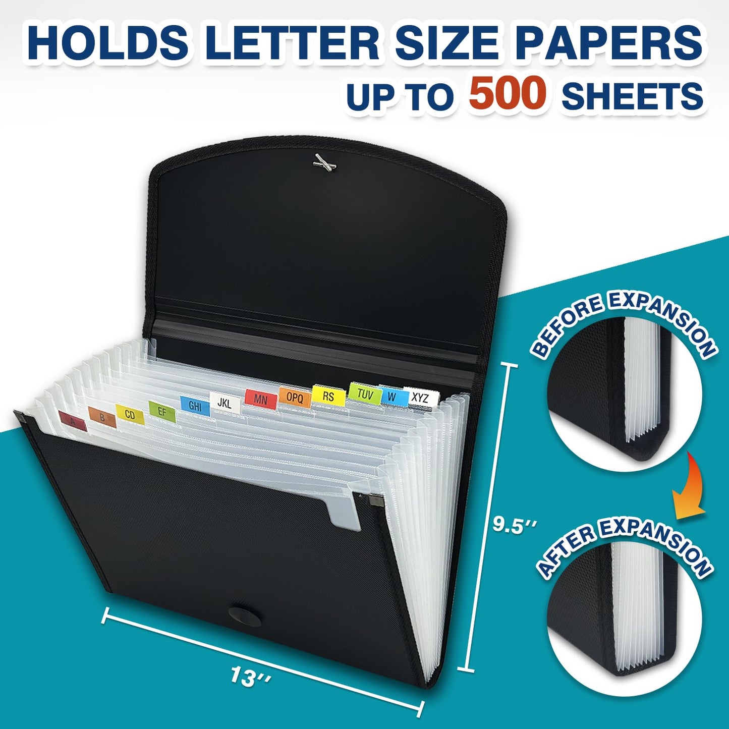 H4D 13-Pocket Accordion File Organizer with Mesh Pocket, Expanding File Folder with Tabs, Expandable Document Organizer for Home Office School, Letter Size, Black