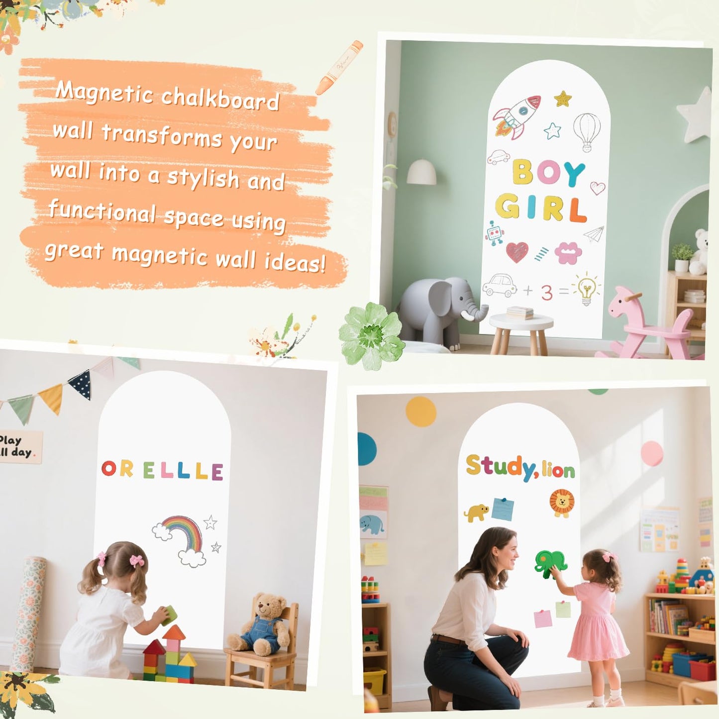 OMKSIH Arch Magnetic Wall Decal for Kids 39.3x17.5 Inch White Magnetic Chalk Board Sticker Magnet Chalkboard for Wall Peel and Stick Self Adhesive Blackboard Multifunctional for Playroom Home School