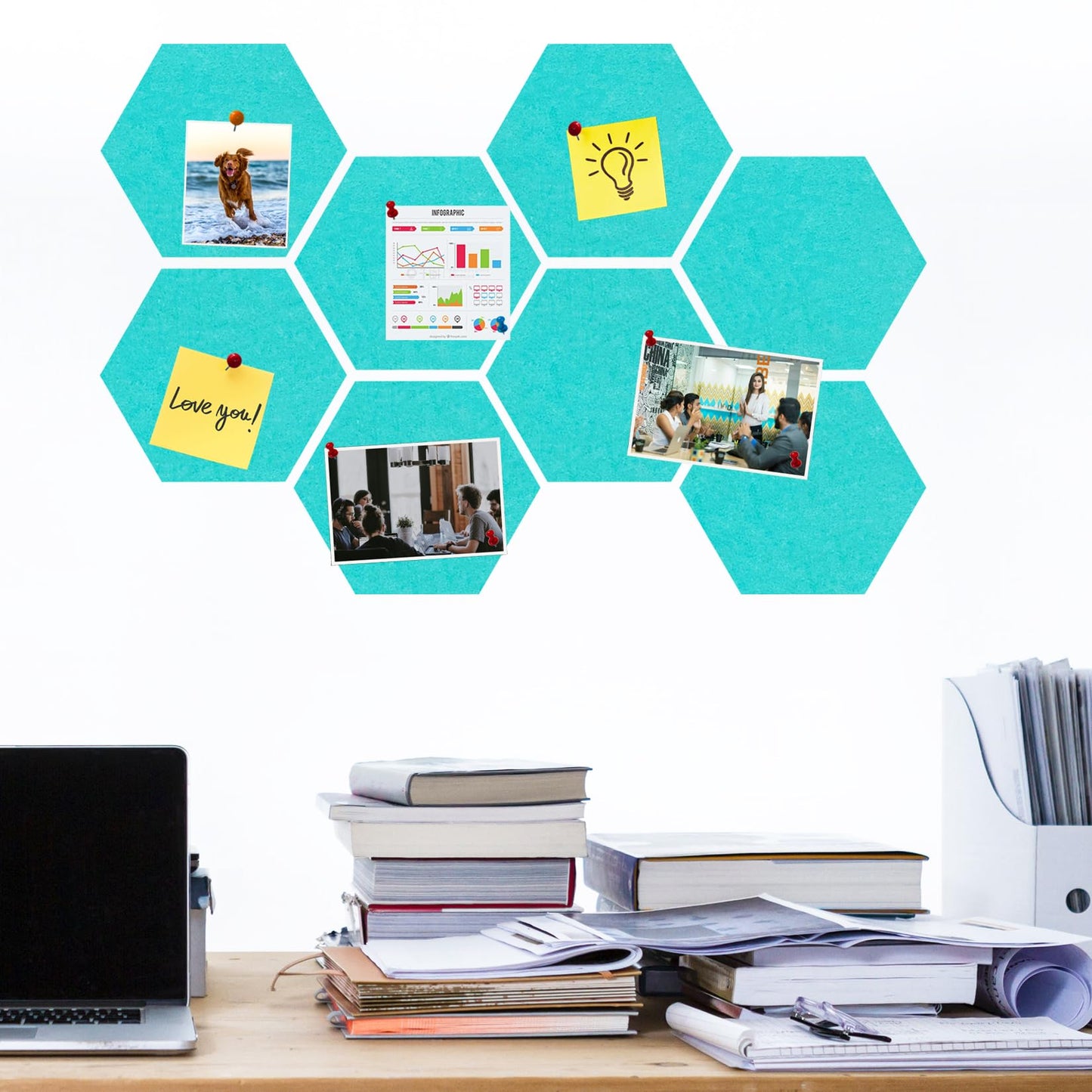HULAVO Large Hexagon Felt Cork Board Tiles, Self Adhesive DIY Felt Bulletin Board Pin Board with 35 Pushpins for Office School Home Wall Decor Stickers Memos Photos Display(Teal)