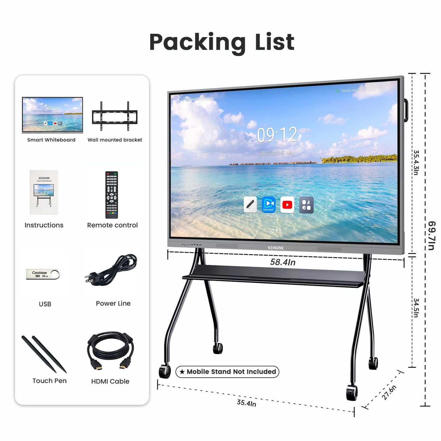 KEINONE 65'' 4K Smart Board with Google Certified, Android 14 OS 8+128 GB Interactive Whiteboard, Electronic Digital Whiteboard with Open App Ecosystem, Touch Smartboard for Home, Office and Classroom