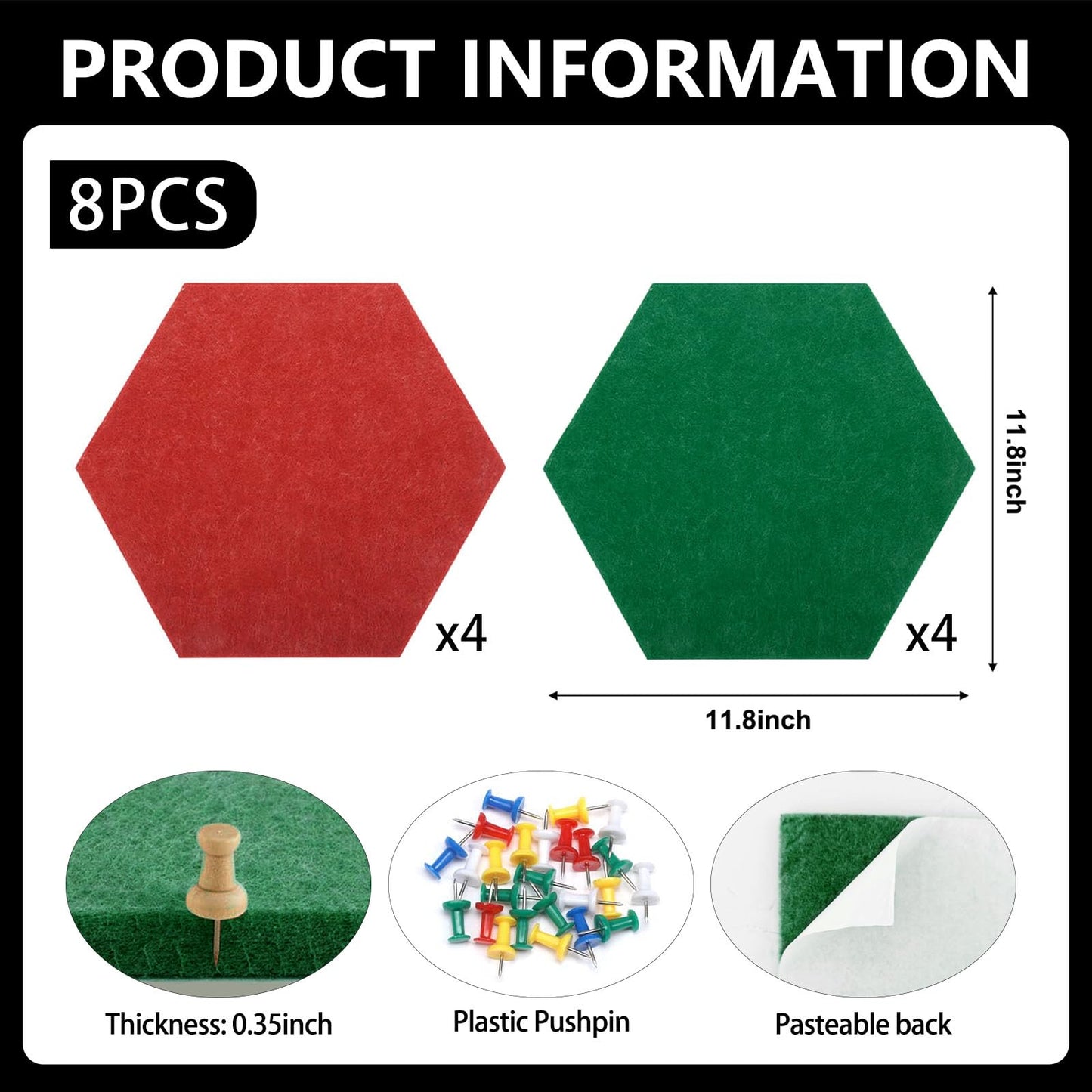 8 Packs Red Green Hexagon Felt Pin Board, 12" Bulletin Board with 30 Push Pins, Felt Board for Home Kitchen Office Decor, Self-Adhesive Corkboard Tiles for Walls Message Photos Memos Display