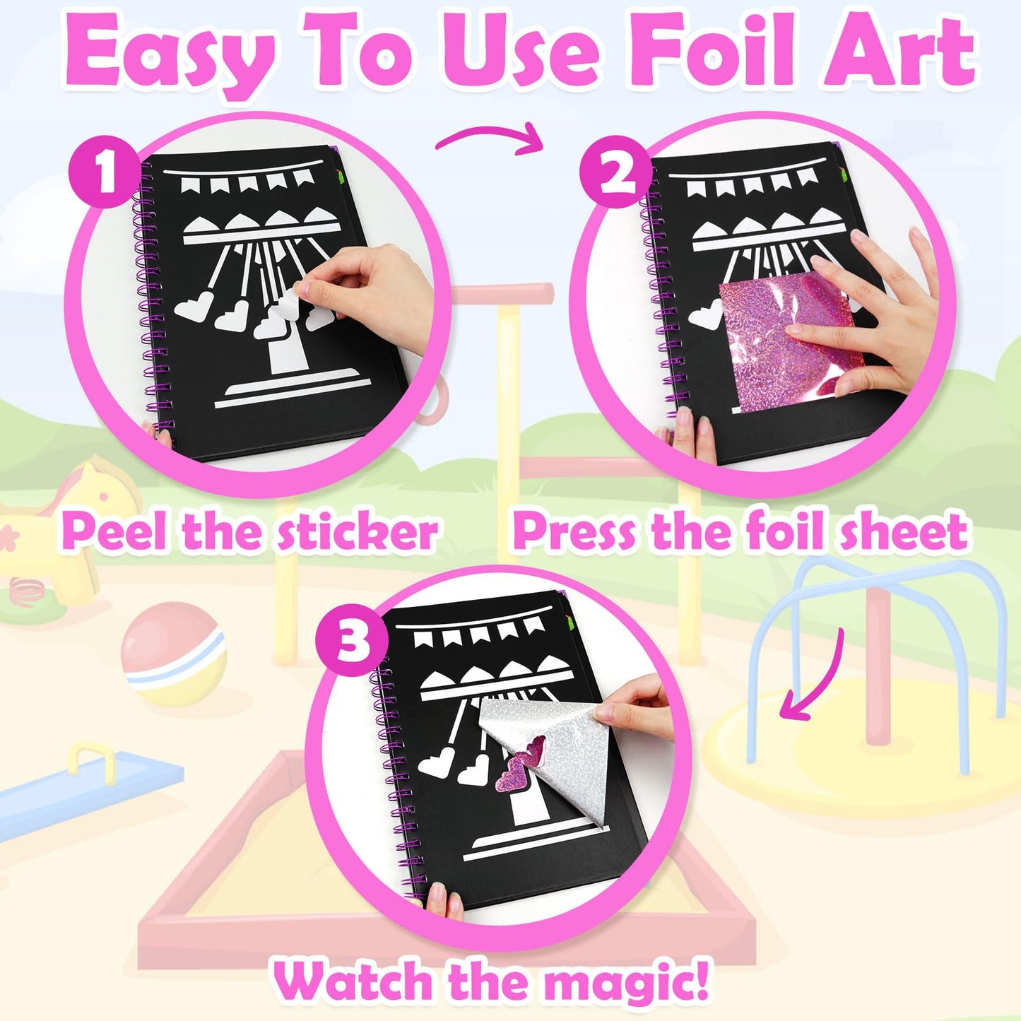FUNNYB&G Foil Art Craft Kit for Girls 4-10 Years Old: Mess-Free & No-Glue, Create 16 Sparkly Amusement Park Pictures – Perfect Travel Toy & Birthday Gift for Kids （Amusement Park）