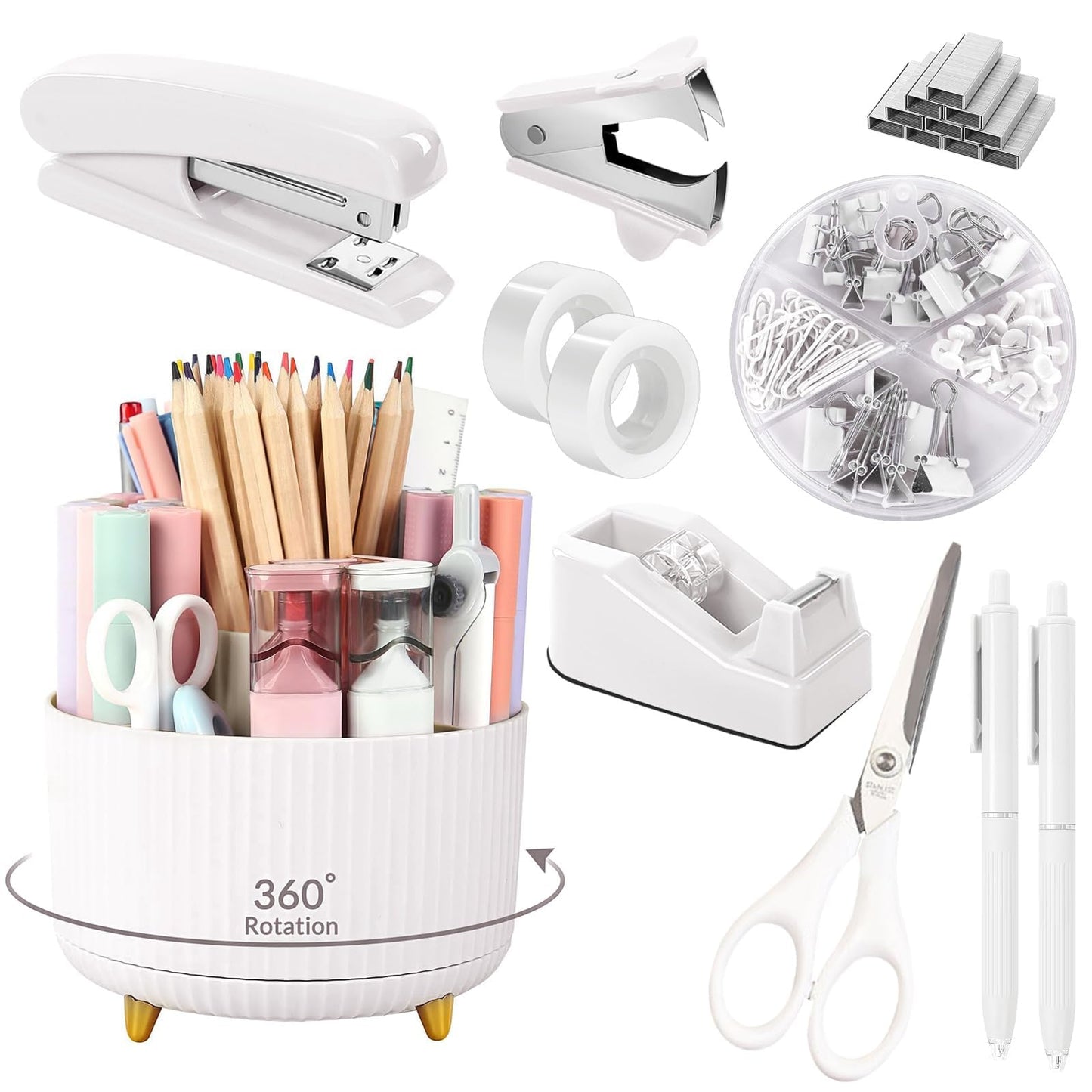 SKYDUE White Office Supplies Set, Office Desk Accessories 10PCS, Pencil Holder for Desk, Stapler, Tape Dispenser, Scissors, Ruler, Binder/Paper Clips and 1000pcs Staples,Desk Supplies Set
