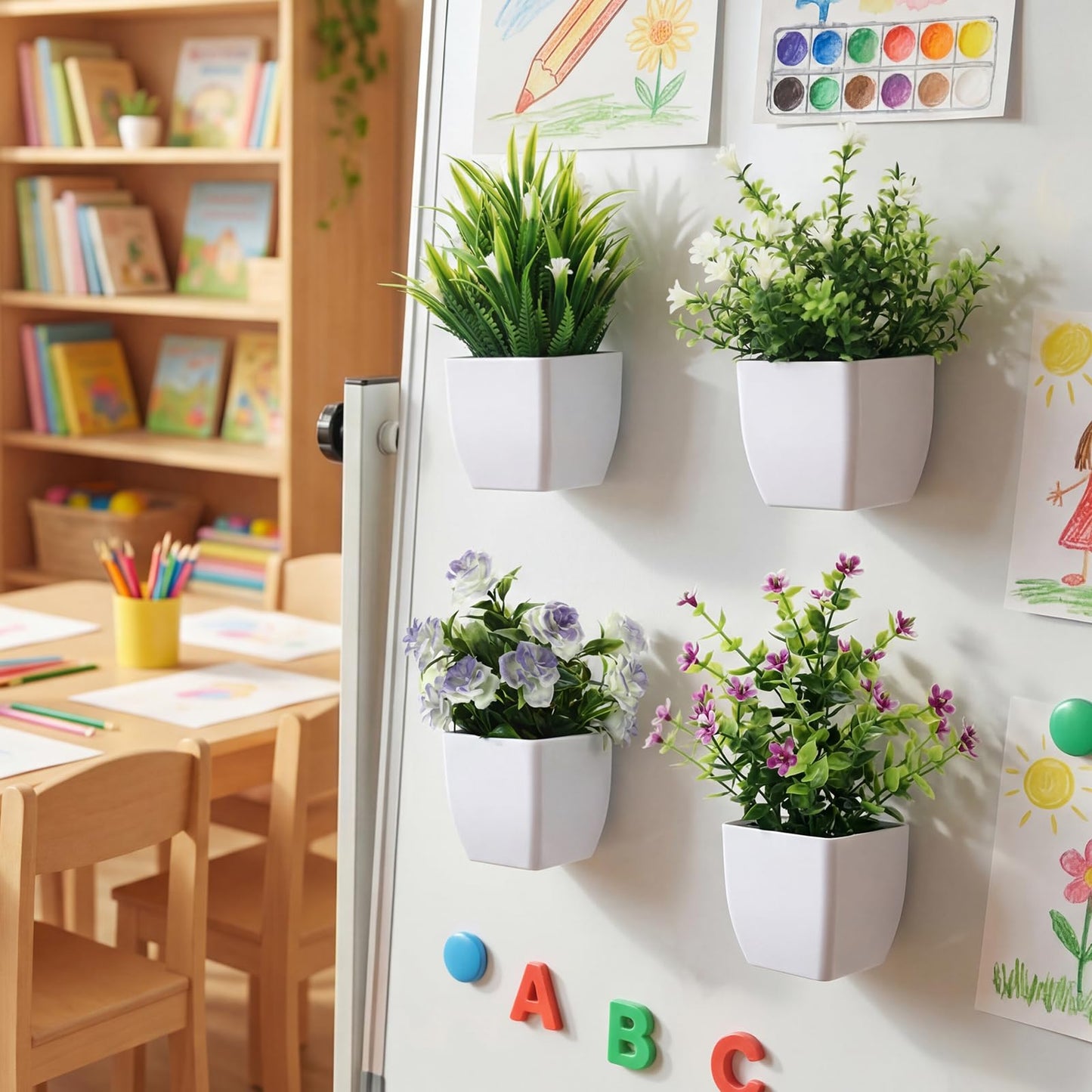 Suncalla 4 Pack Mini Magnetic Fake Plants for Classroom Whiteboard Small Artificial Potted Plants with Faux Flowers Decorative 3D Magnets for School Office Home Decor(Flower)