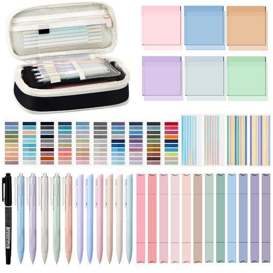 Trandraft 135 Pcs Book Annotation Kit with Pencil Case, 12 Pastel Highlighters, 11 Gel Pens, Fine Marker, 300 Transparent Sticky Notes, 2640 Index Tabs, Bible Study Supplies Kit(Classic,Black)