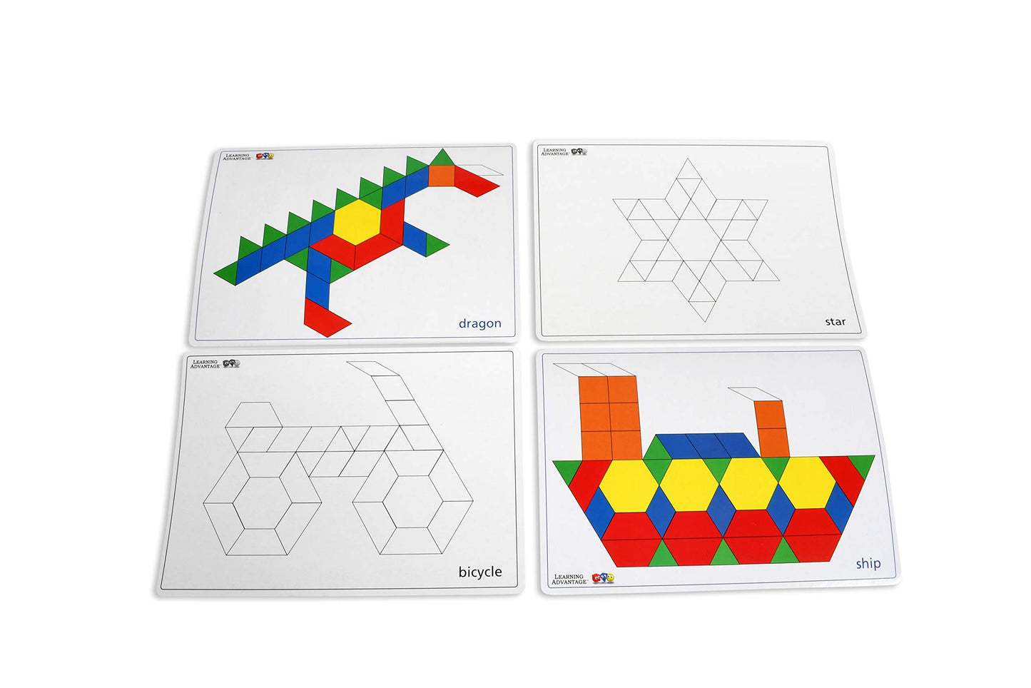 LEARNING ADVANTAGE Pattern Block Cards - Set of 20 Double-Sided Cards - Early Geometry for Kids - Teach Creativity, Sequencing and Patterning