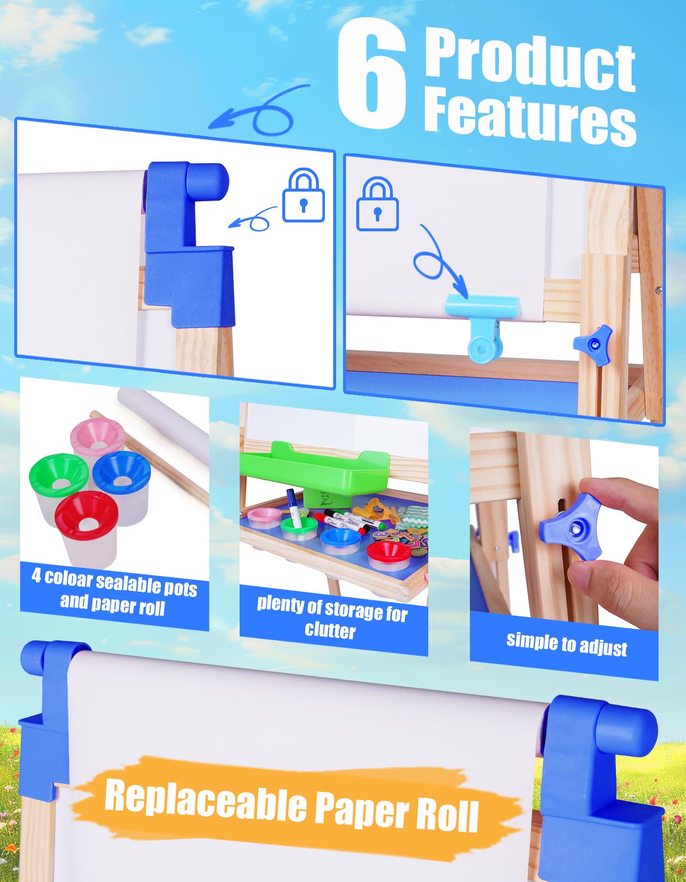 JOYOOSS Easel for Kids Art Easel Kids Easels for Toddlers,Wooden Kid Easel with Paper Roll - Adjustable Magnetic Double Sided Kids Dry Erase Board,Birthday Gifts for 1-12 Year Old Girls or Boys Blue