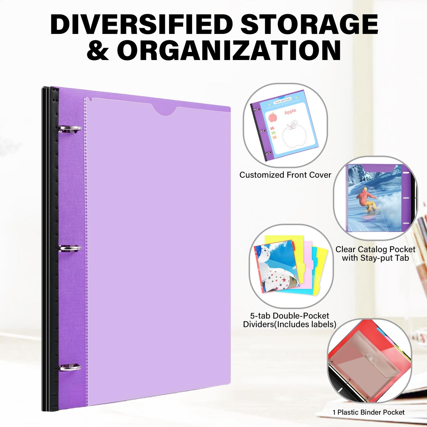 WOT I Telescoping Project Organizer, Refillable 3 Ring Binder with Dividers and Pockets, 13 Pocket Folders, 1 Inch 3 Rings, Purple