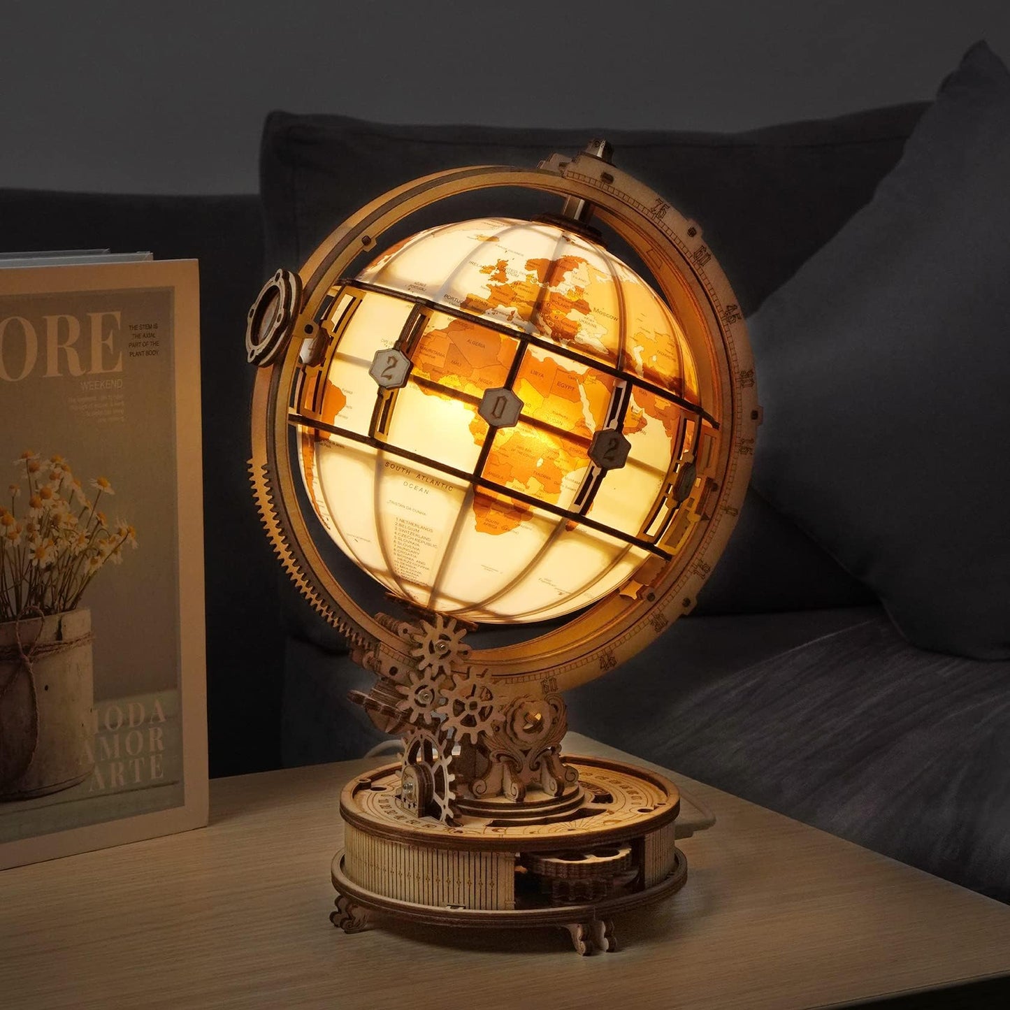 ROBOTIME 3D Wooden Puzzle for Adults- Luminous Globe ST003 - Wooden 3D Puzzles for Adults with LED Light - Globe Model Building Kit for Teens & Adults