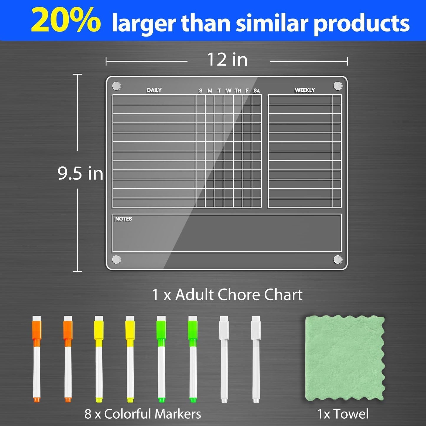 PigPotParty Acrylic Magnetic Chore Chart for Adults, 12x9.5 Inch Clear Dry Erase Chore Board for Fridge, Daily Weekly and Notes Sections, Pre-Installed Embedded Magnets, 8 Fine-tip Markers and Towel