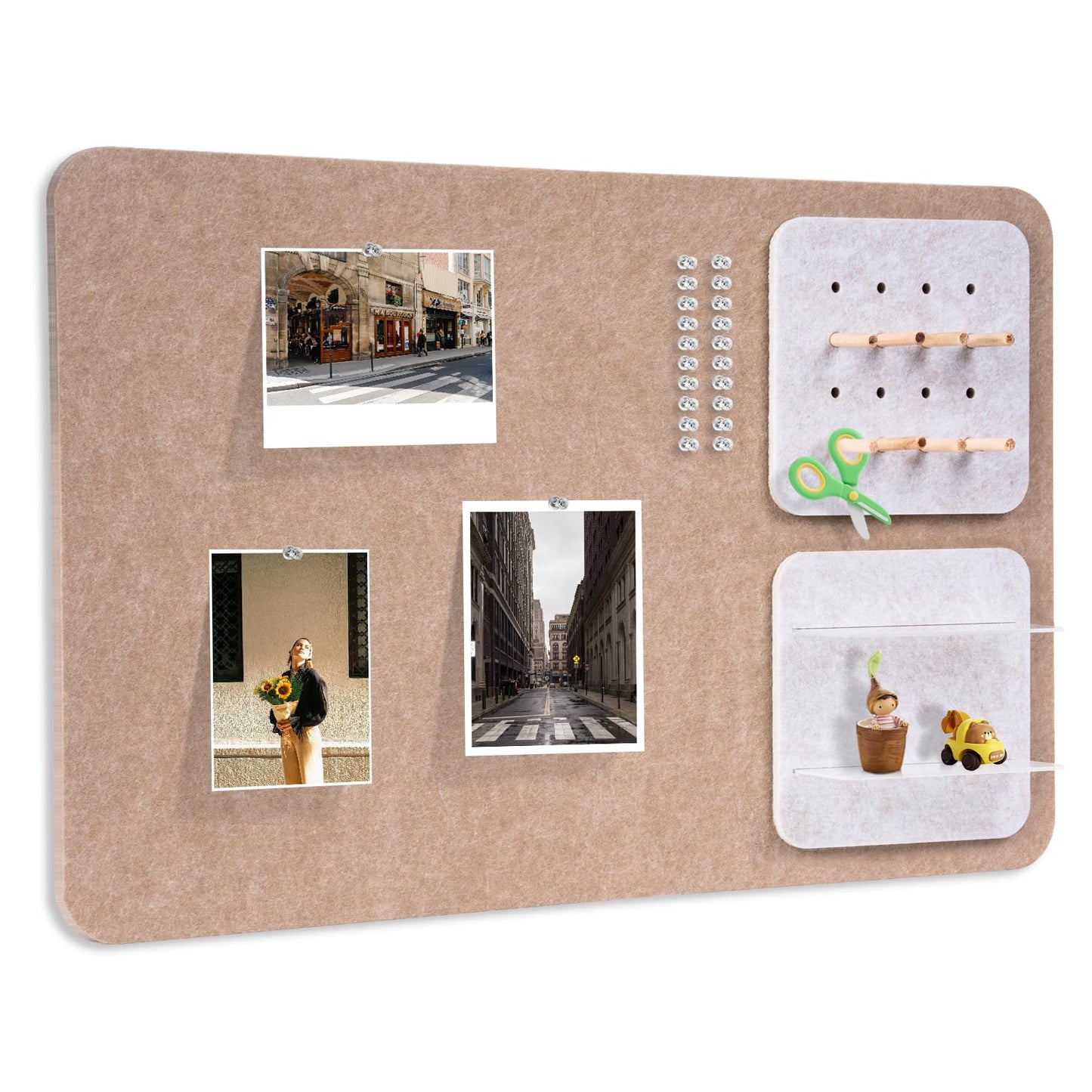 Wall Organizer Bulletin Board with Shelves and Key Holder, 2-in-1 Felt Pin Board for Photos, Notes, Keys and Small Accessories, Memo Board for Home Office Dorm, Khaki & Light Camel, 15.7"x23.6"