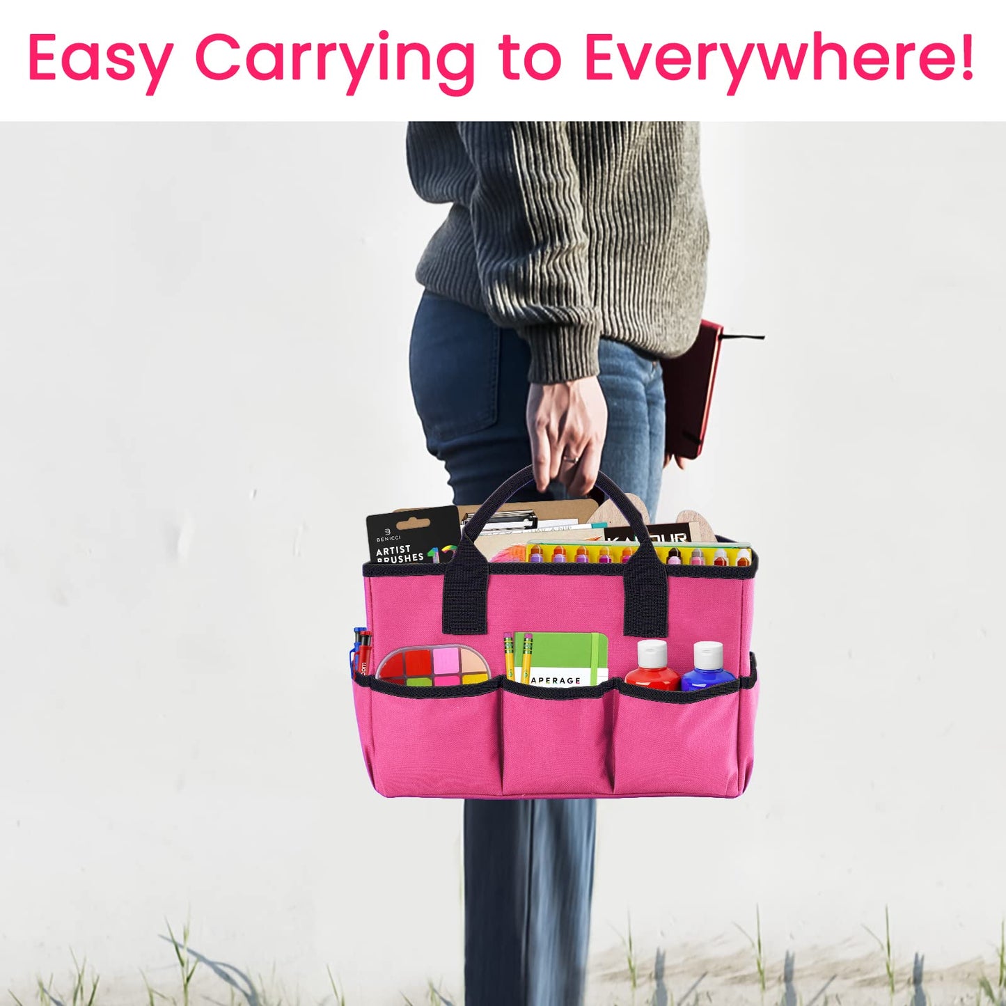 Godery Desktop Tote and Organizer, Teacher Helper Caddy Bag for Arts, Books, Stationery, Office Desk Organization, Make-up Storage with Handles for Travel, Pink