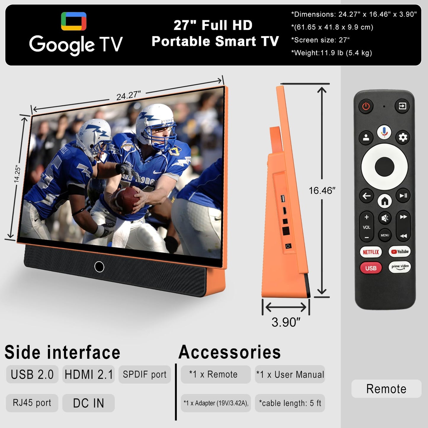 HSTrejanyx 27-Inch Portable Smart TV with Battery Operated, 1080P FHD Smart TV OS, HDR10, Dolby Audio, Chromecast & Bluetooth, Ideal for Outdoor Viewing, RV Trips, Sports & Movie Nights (G27F, Orange)