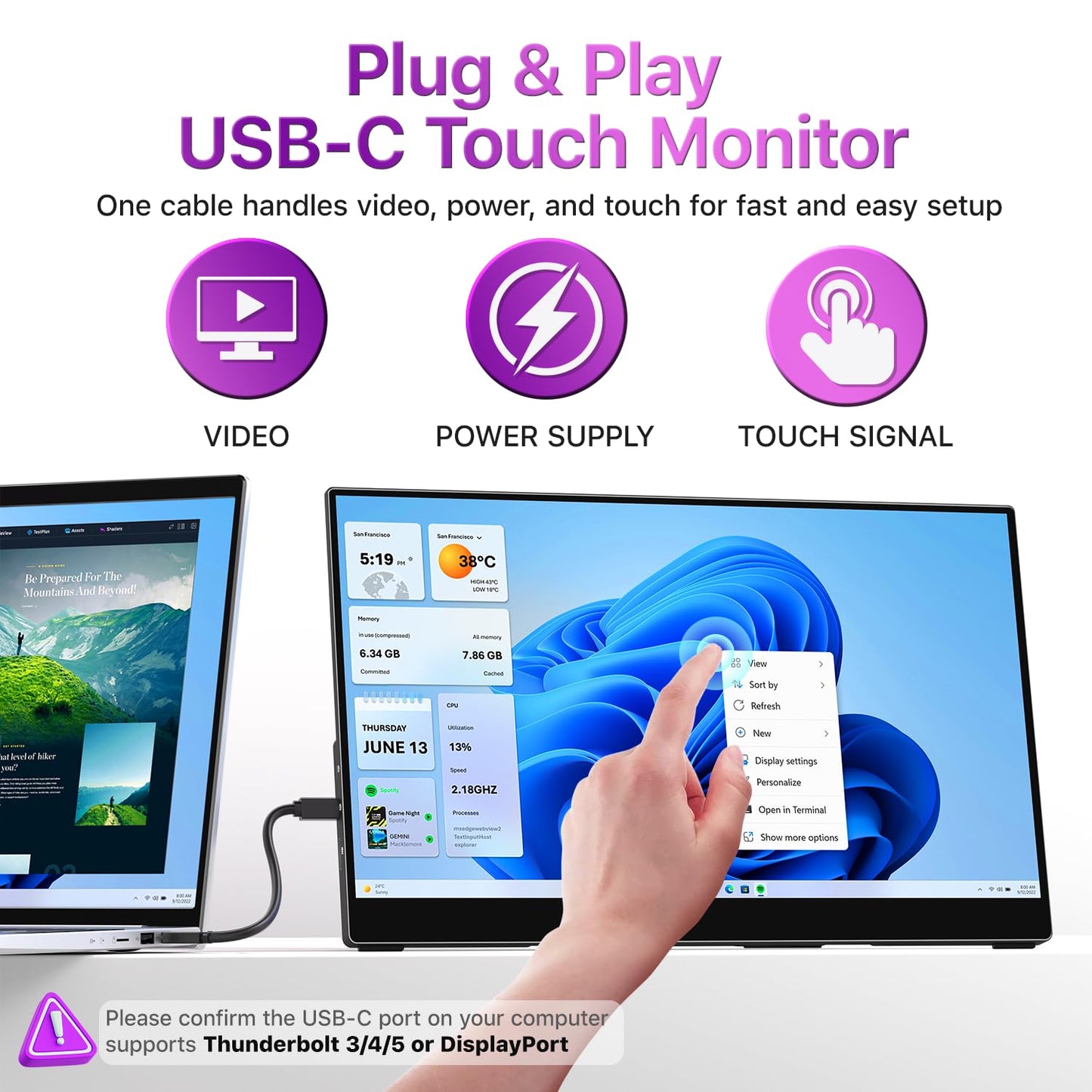 cocopar Portable Monitor Touchscreen 15.6 Inch 1080P FHD 90% sRGB Travel Monitor with Speaker HDMI USB-C Second Screen for Laptop MacBook Surface PC Xbox PS4/5, VESA Mountable, with Touchscreen