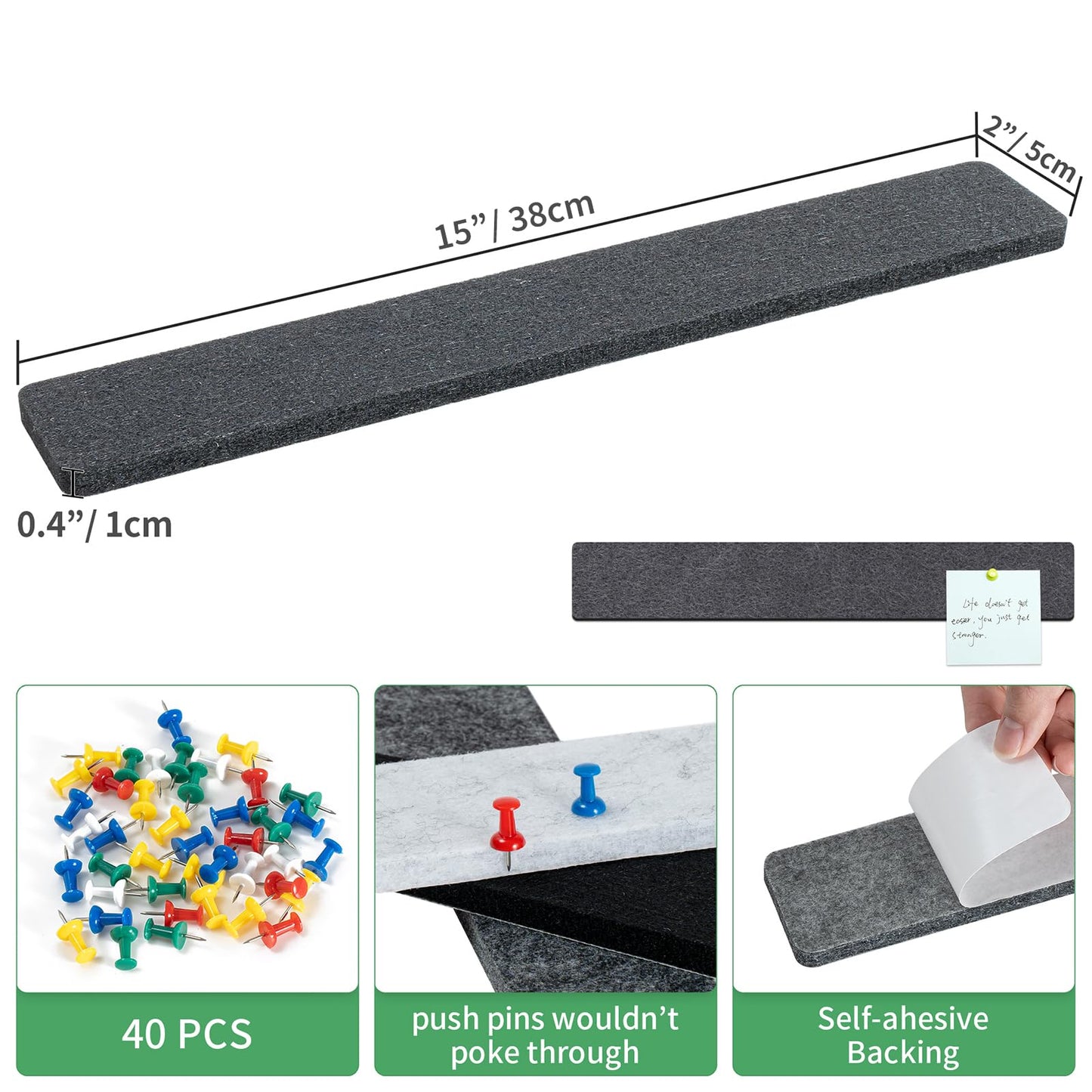 GoTiling Cork Board for Walls - 8 Pack Felt Pin Board Bar Strips - Self-Adhesive Lightweight Bulletin Board - Cork Board for Office with 40 Push Pins No Damage for Wall (Black White Grey)