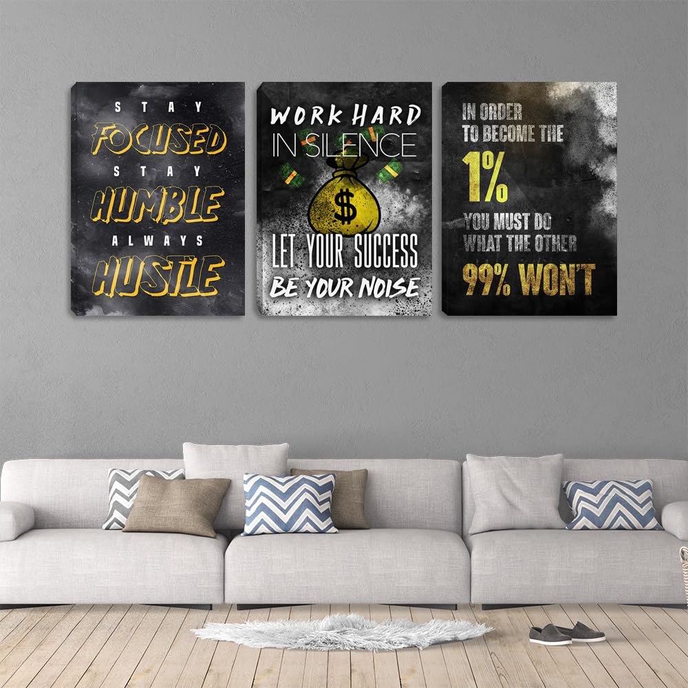 Modern Motivational Success Quotes Wall Art Canvas Art 3 Piece Black Wall Art Inspiring Entrepreneur Hustle Poster Prints Wall Decor Office Wall Decorations Framed Posters for Office(36''Wx 16''H)