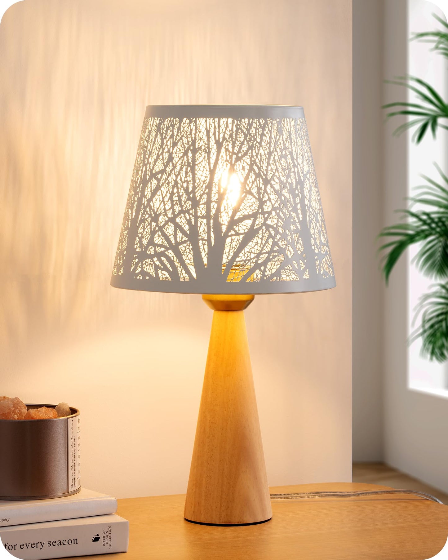 EDISHINE Small Table Lamp, Wooden Bedside Lamp with Iron Lampshade, Light Wood Color, E26 Socket, ON-Off Switch