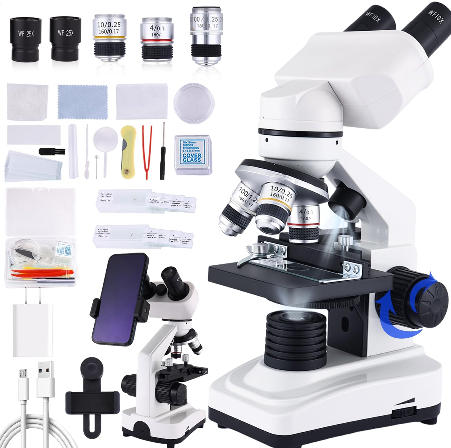 Binocular Microscope Magnification 40X-2500X, WF10x/25x Eyepieces, Dual LED Illumination, Suitable for Schools Home Labs Educational Adult Microscope