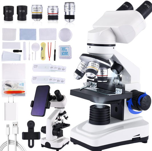 Binocular Microscope Magnification 40X-2500X, WF10x/25x Eyepieces, Dual LED Illumination, Suitable for Schools Home Labs Educational Adult Microscope