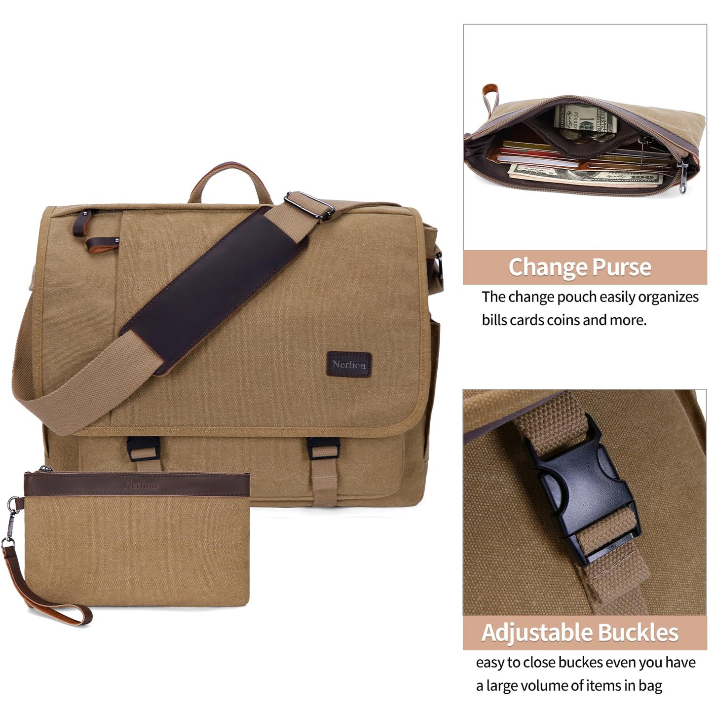 Nerlion Messenger Bag for Men 17-17.3 Inch Laptop Bag Canvas Water-resistant Computer Bag Shoulder Bag Work Briefcase Bookbag for College (Brown)
