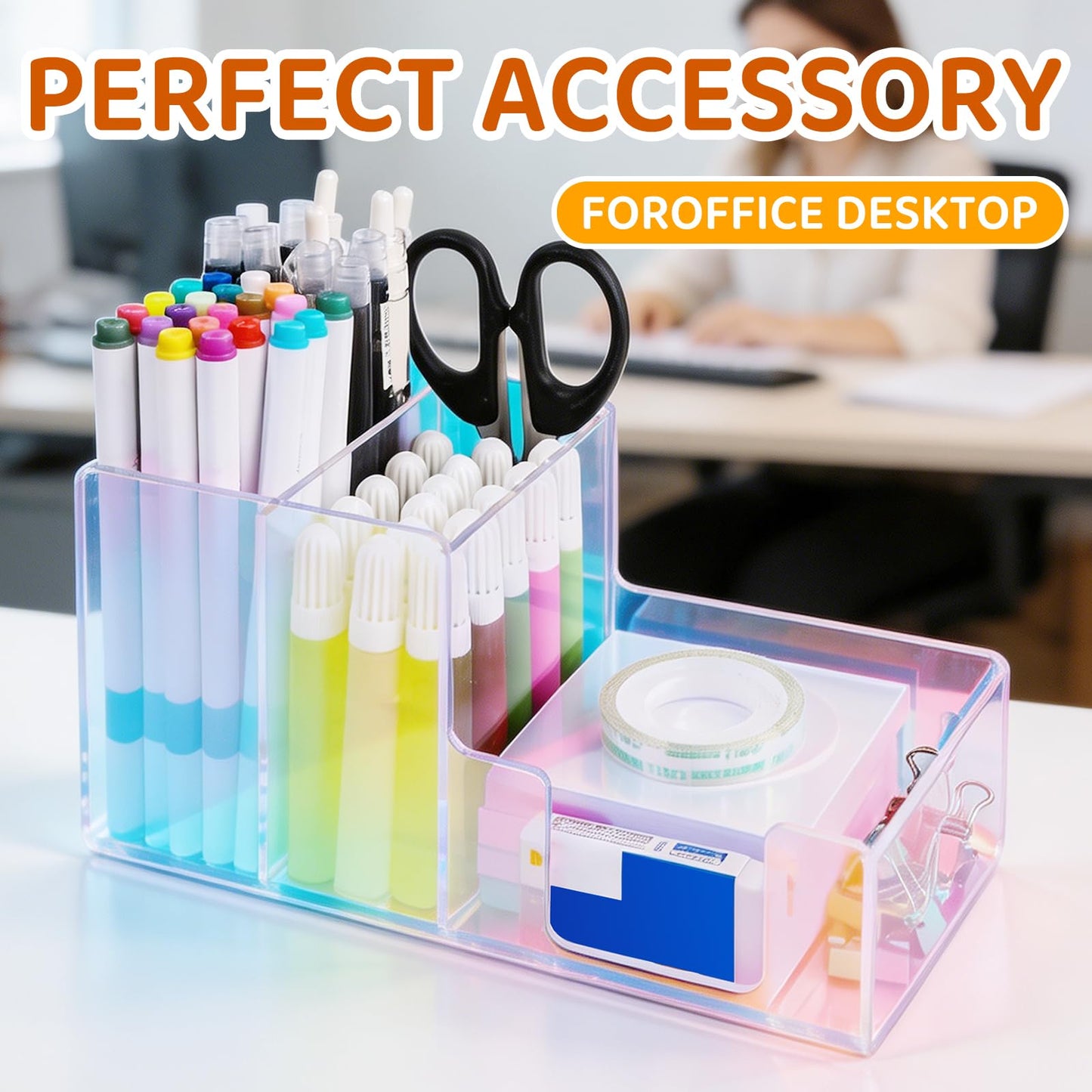 Iridescent Acrylic Desk Organizer with 3 Compartments - Clear Pencil Holder for Office, School & Home - Large Capacity Stationery Storage for Pens, Scissors, Sticky Notes, Paper Clips - Non-Slip Base