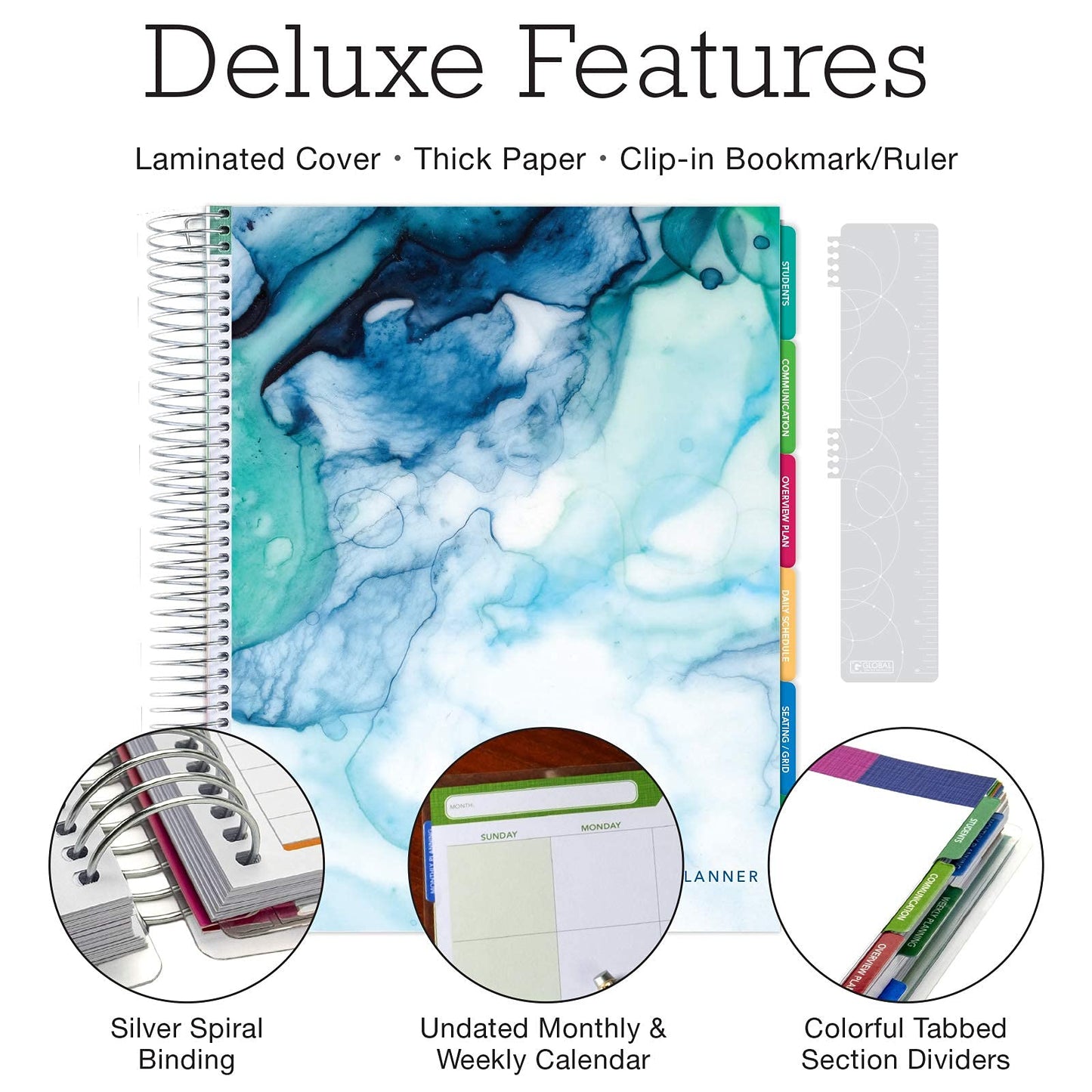 Elan Publishing Company DELUXE Undated Teacher Planner: 8.5x11 Includes 7 Periods, Page Tabs, Bookmark, Planning Stickers, Pocket Folder Daily Weekly Monthly Planner Yearly Agenda (Seaside Watercolor)