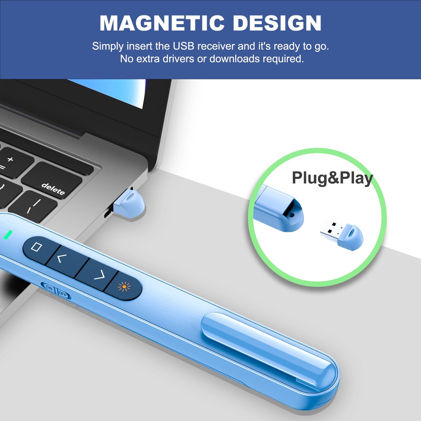 QUI Presentation Clicker with Volume Control, 2.4GHz USB Wireless Presenter Remote, PowerPoint Clicker Slide Advancer Compatible with Mac, Windows, Google Slides, Keynote