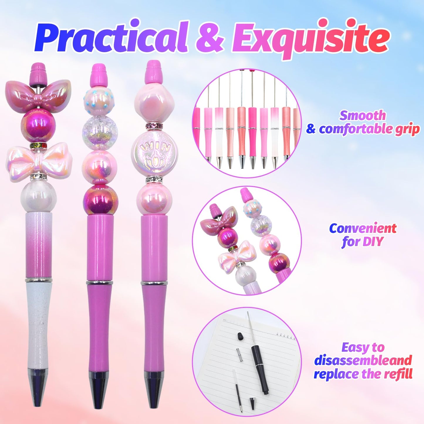 DASTTUIS 150 Pieces DIY Beadable Pen Kit – 50 Plastic Ballpoint Pens with Refills & Bags – School Supplies, Office Accessories & Decorative Items for Students & Teachers （Pink）