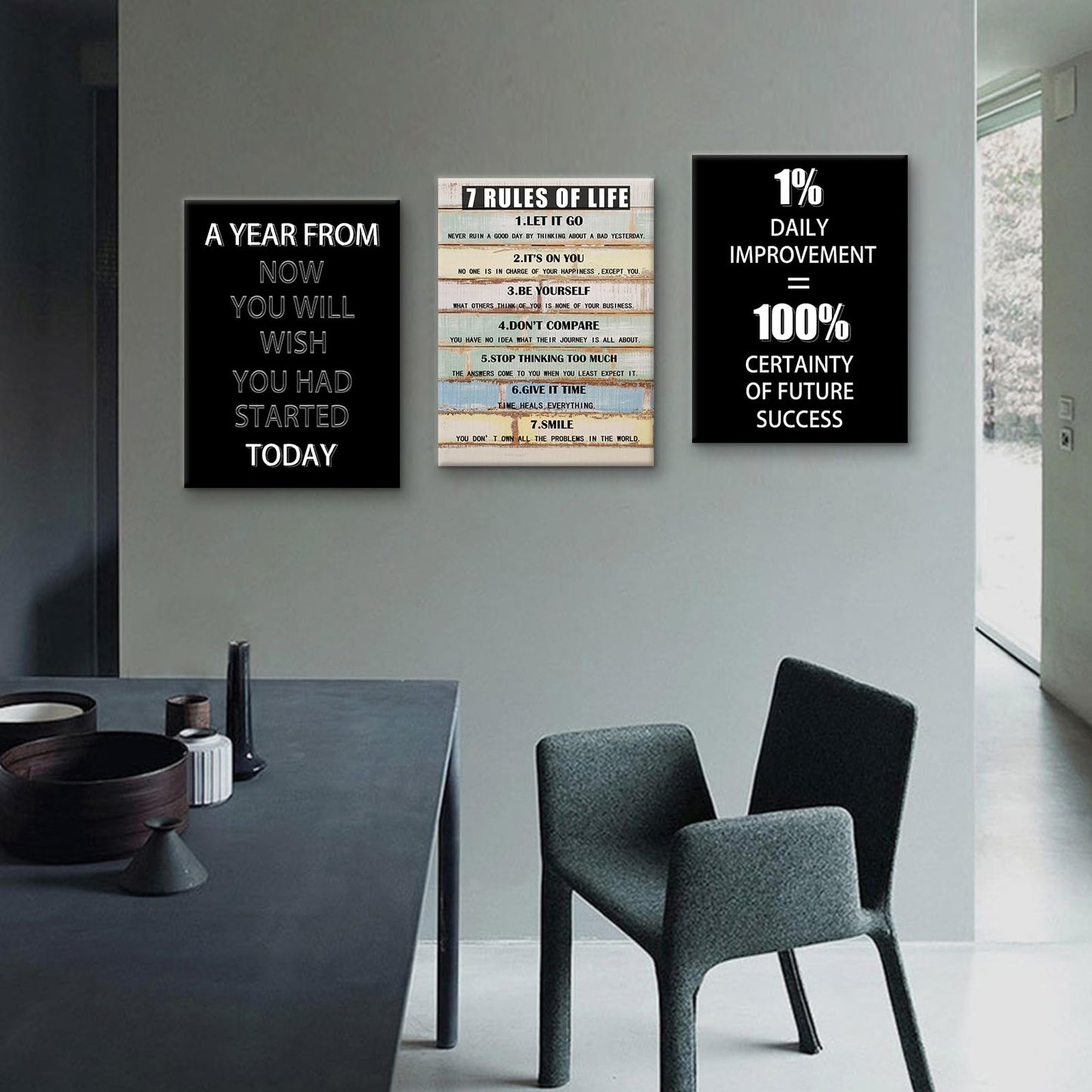 PSYYSP Motivational Wall Art 7 Rules of Life Canvas Print Framed Inspirational Quotes Poster for Office Home Gym Success Action Discipline Decor Modern Black White Artwork 36x16