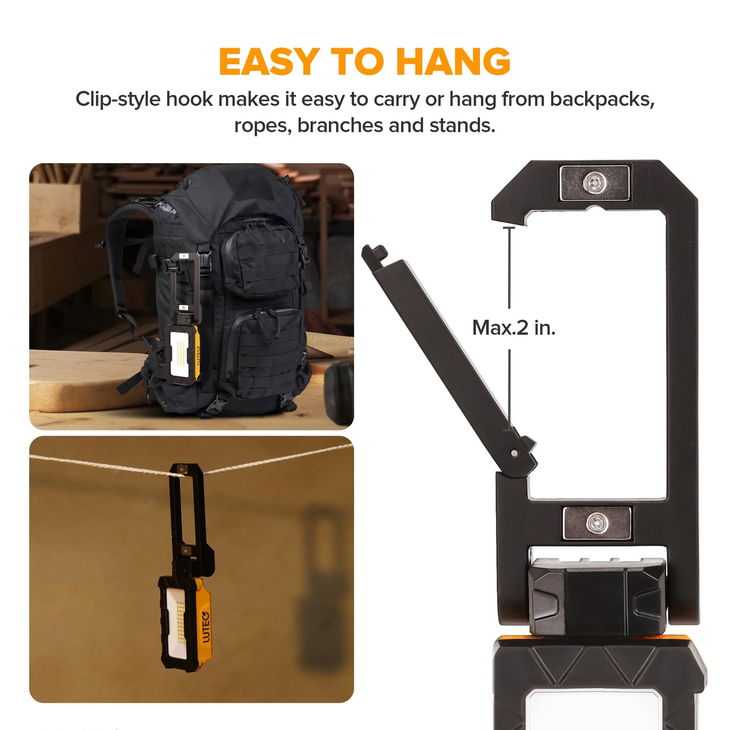 LUTEC Rechargeable Work Light, 1000 Lumens, Magnetic Base, 360? Rotate, 200? Swivel, 2 Pack, Aluminum, Orange, Model 790220242
