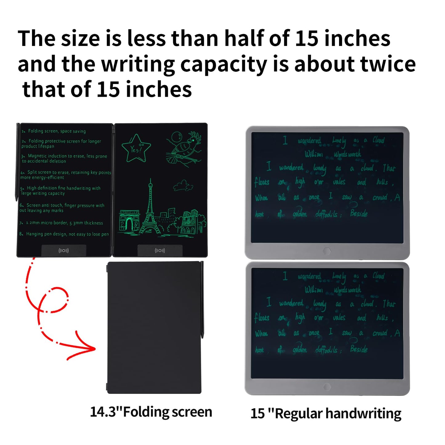 LCD Writing Tablet for Adults, Amoretti Sonnet 14.3 inch Foldable Electronic Writing Pad - Ultra-Slim Reusable Digital Notepad with Fine Lines, Bezel-Free Doodle Board for Office Home School
