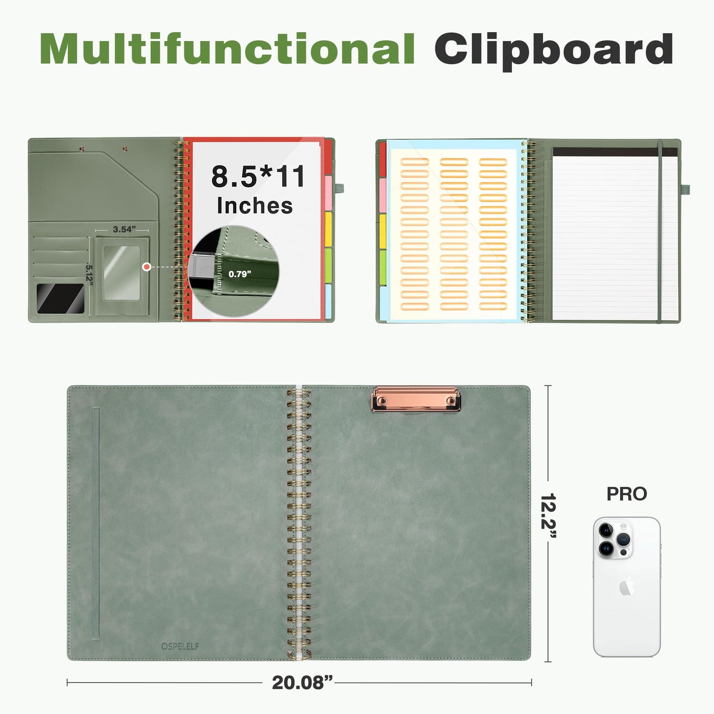 Clipboard with Storage for Men Women, Leather Padfolio Portfolio Organizer 5 Folders with 10 Pockets, Spiral Clipboard Folio with Notepad for Letter Size, Elastic Closure and Pen Loop Sage Green
