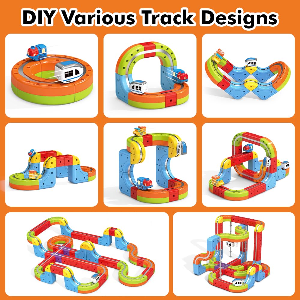 Electric Train Set with 2 Trains, 3D Infinity Train Tracks, DIY Toy Car Track, Modular Building Blocks Freely Assembled, STEM Learning Toy for Kids Toddlers Boys & Girls (2 White Trains)