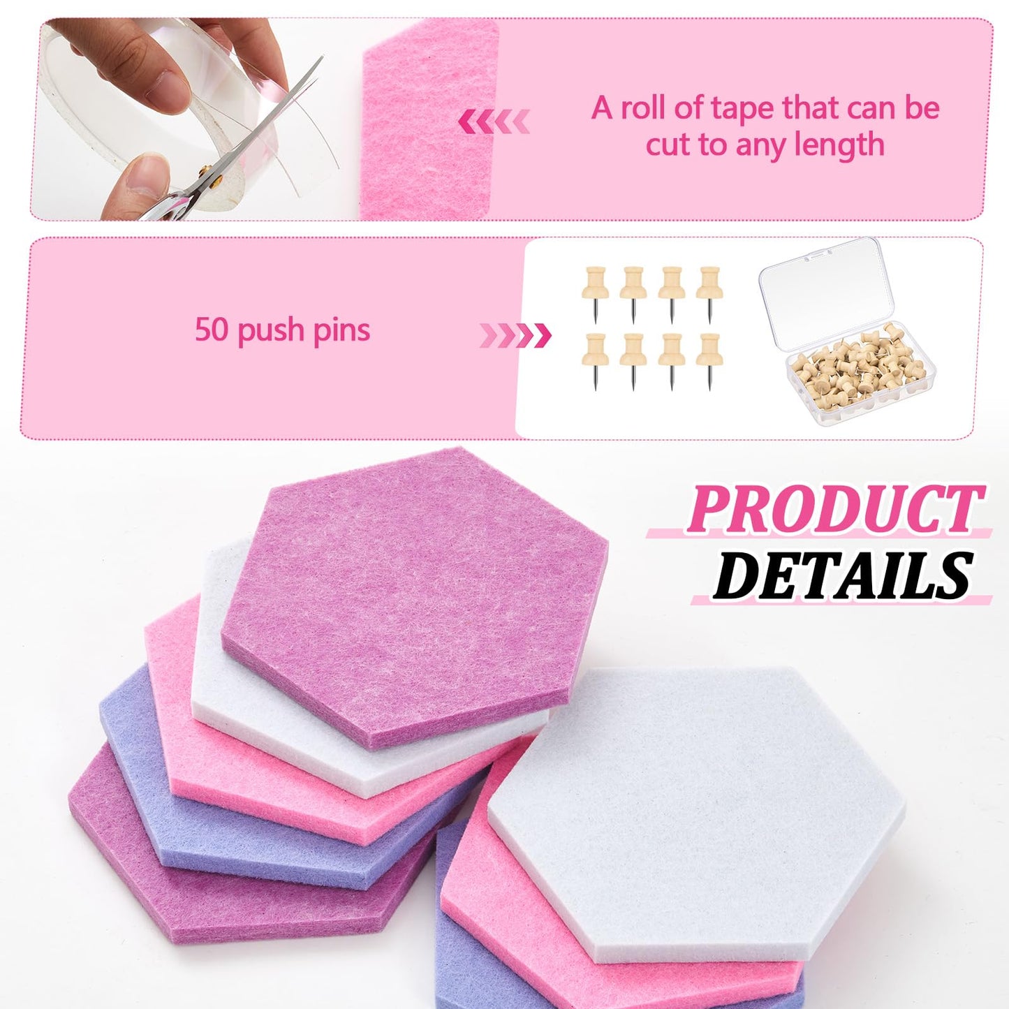 Mindsoft 16 Pcs Hexagon Cork Board for Walls with 50 Wooden Push Pins 6.7 x 5.9 in Felt DIY Tiles Notice with Nano Tape Hanging Bulletin Board for Home Photo Office Memo Note (Pink)