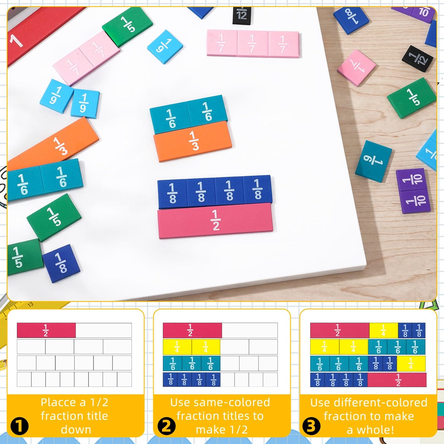 Sayglossy 20 Set Fraction Tiles Set for Math Classroom Rainbow Color Manipulatives Montessori Math Materials for Maths Classroom School Learning Educational Supplies